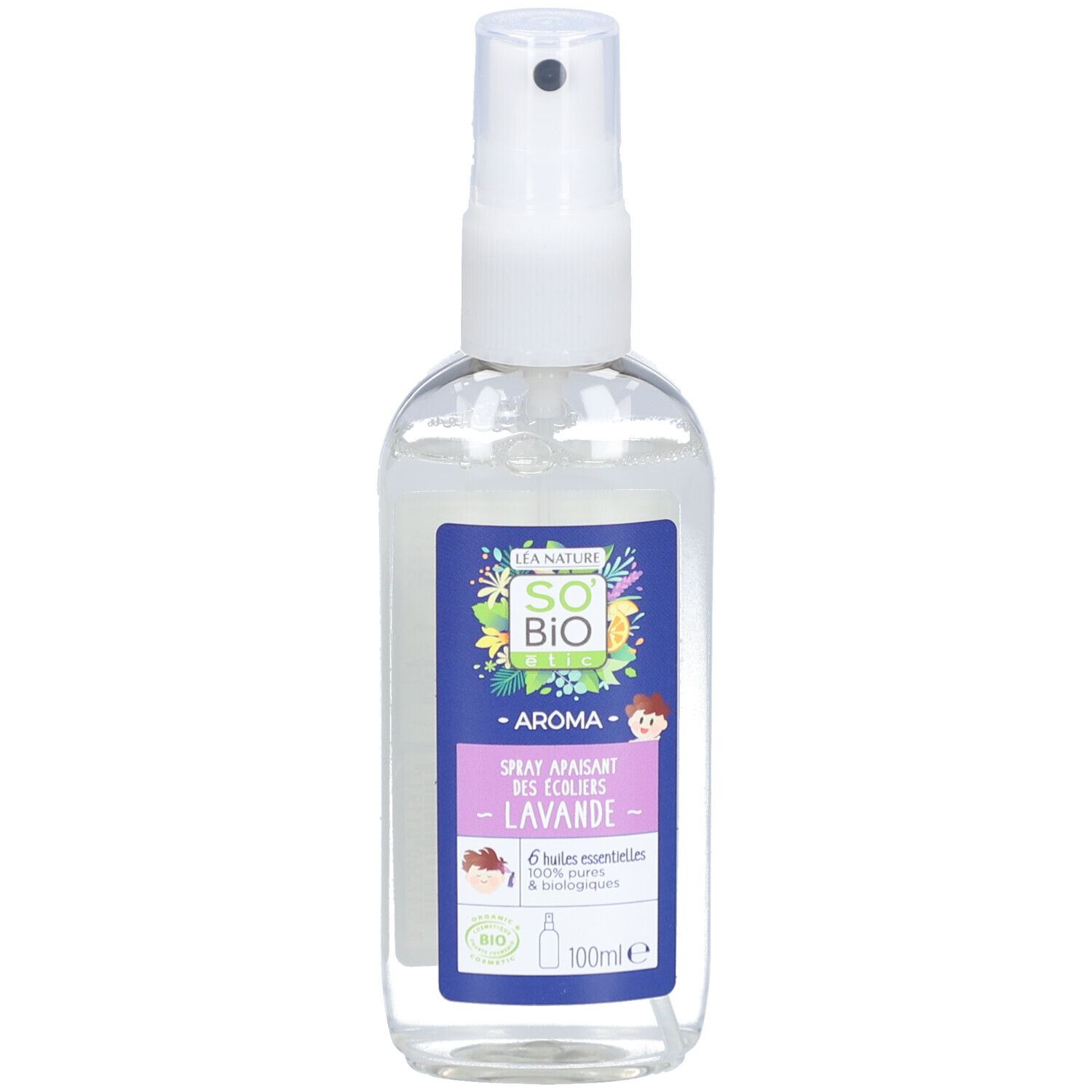 Flacon transparent SO BIO ETIC avec vaporisateur. Étiquette avec logo, texte et illustrations.