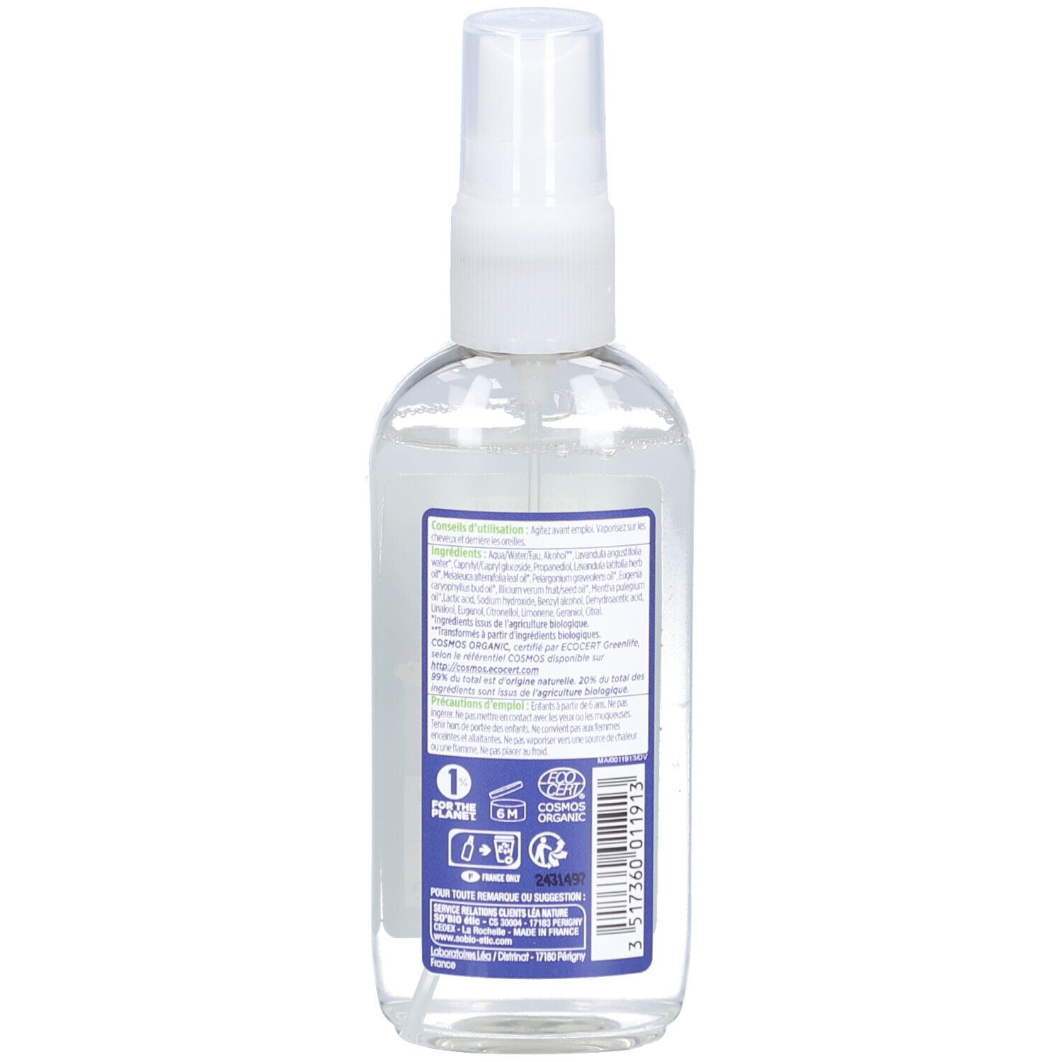 Dos du flacon de spray SO BIO ETIC. Étiquette avec texte, ingrédients, logo et certifications.