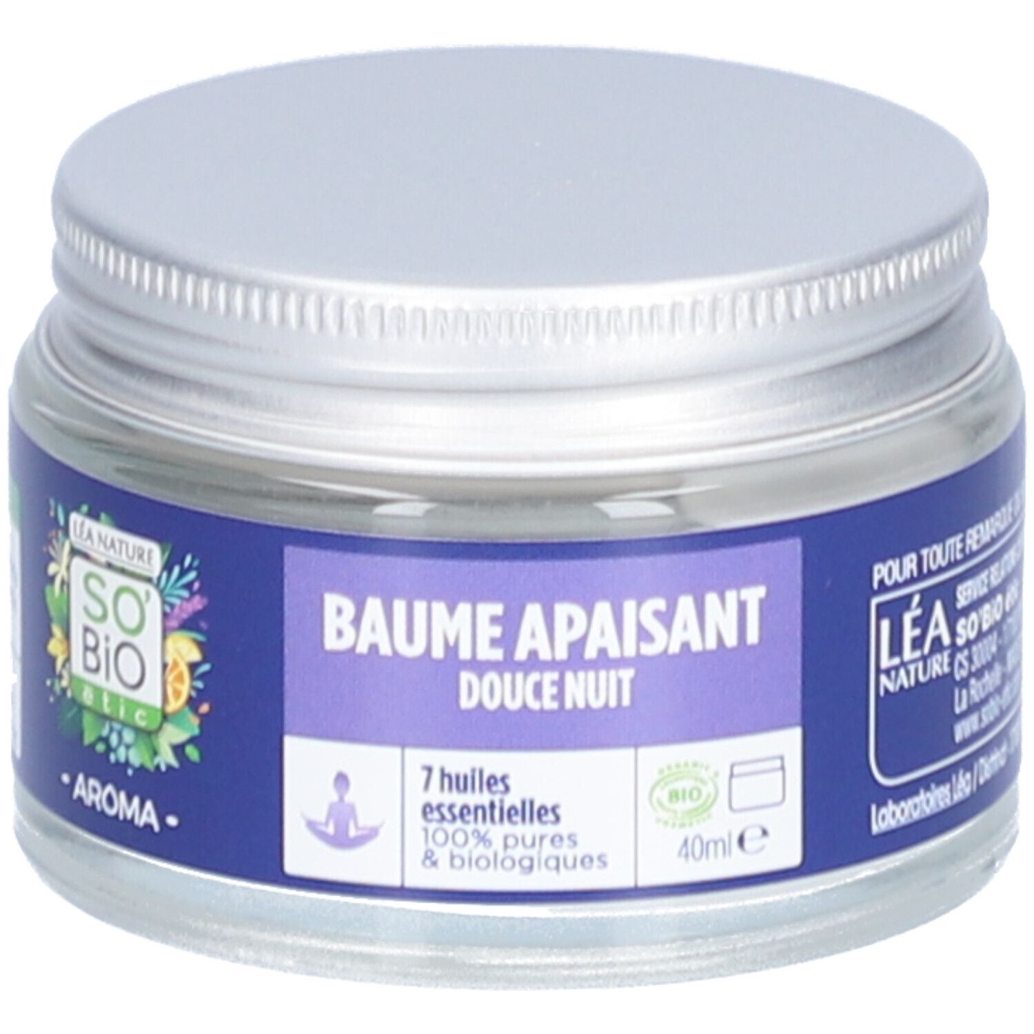 Glazen pot met zilveren deksel. Blauw etiket met tekst: Baume Apaisant Douce Nuit. 40ml.