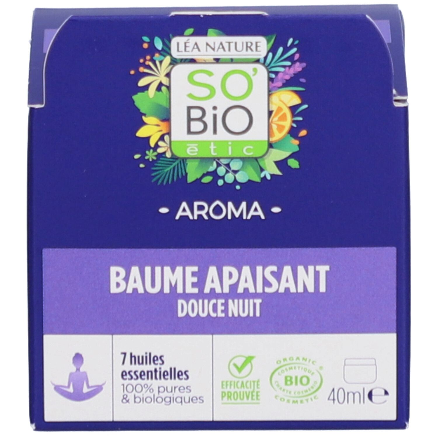 Blauwe doos met tekst: Baume Apaisant Douce Nuit. SO BIO etic. 40ml. Bio-certificering.