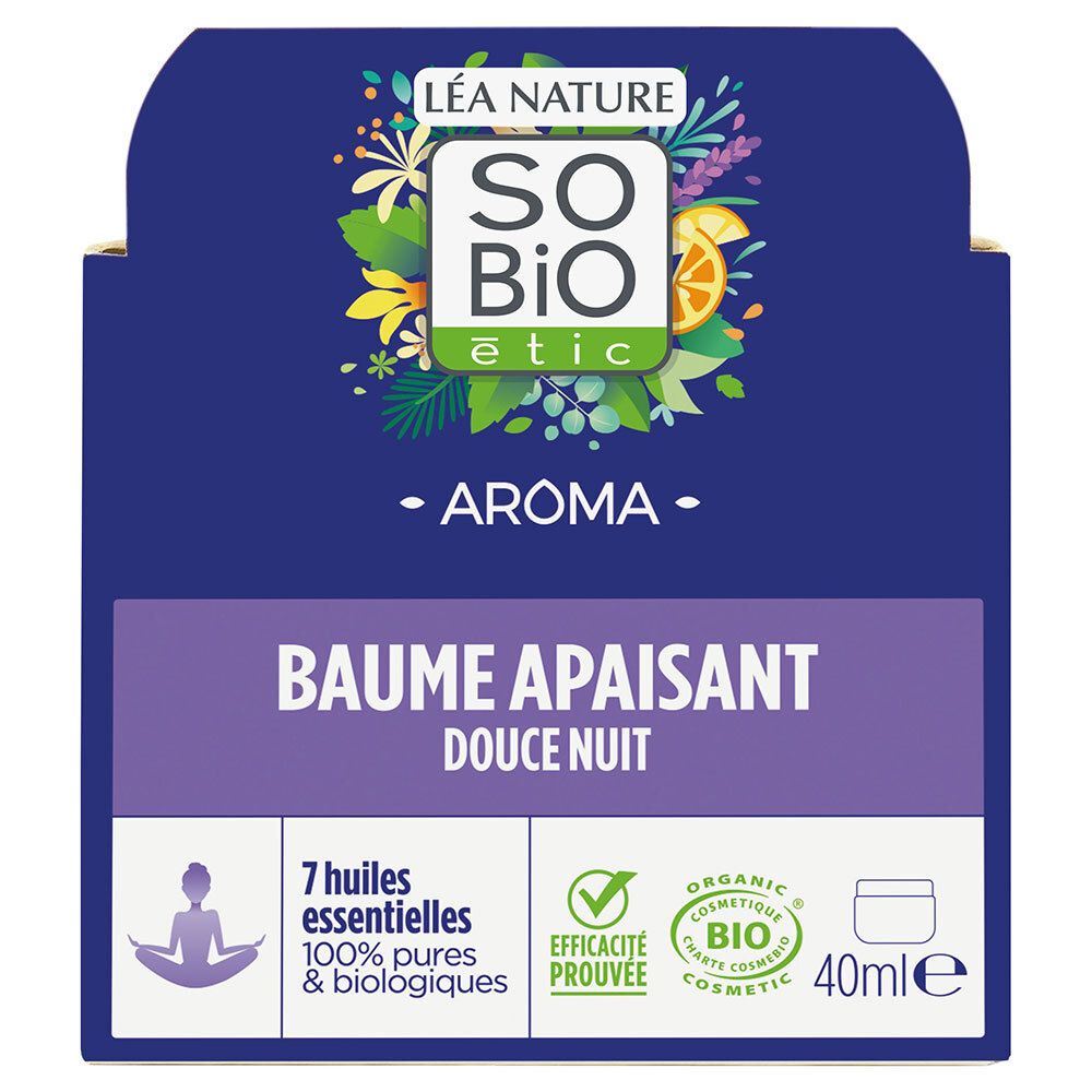 Emballage en carton avec nom du produit et logo. Contient 7 huiles essentielles. Certification bio. 40ml.