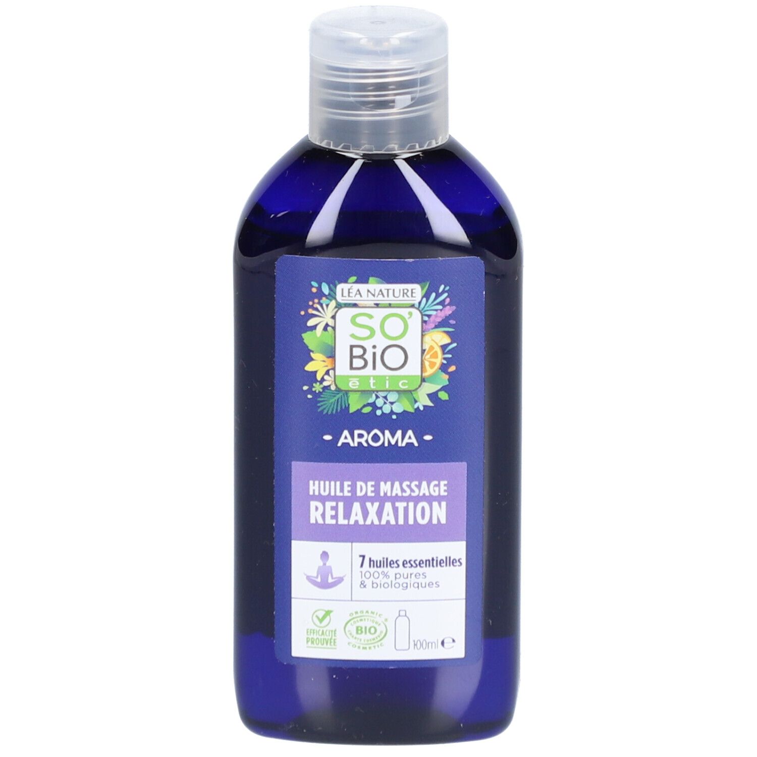 SO BIO ETIC massageolie fles, blauw, met etiket. Tekst: Huile de Massage Relaxation, 7 huiles essentielles.