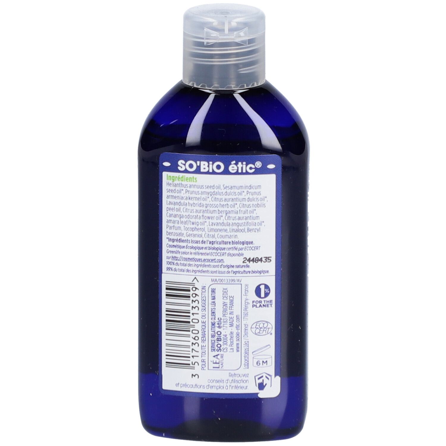 Achterkant van de SO BIO ETIC massageolie fles. Tekst: Ingrediënten, 7 huiles essentielles, bio certificering, 100ml.