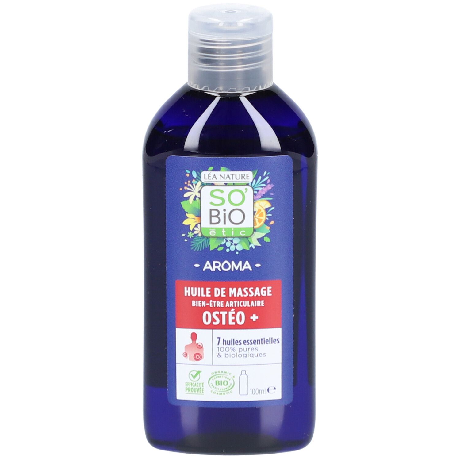 Blauwe fles met etiket. Opschrift: SO'BiO étic, Huile de Massage Ostéo+. 7 essentiële oliën, 100% puur & biologisch.
