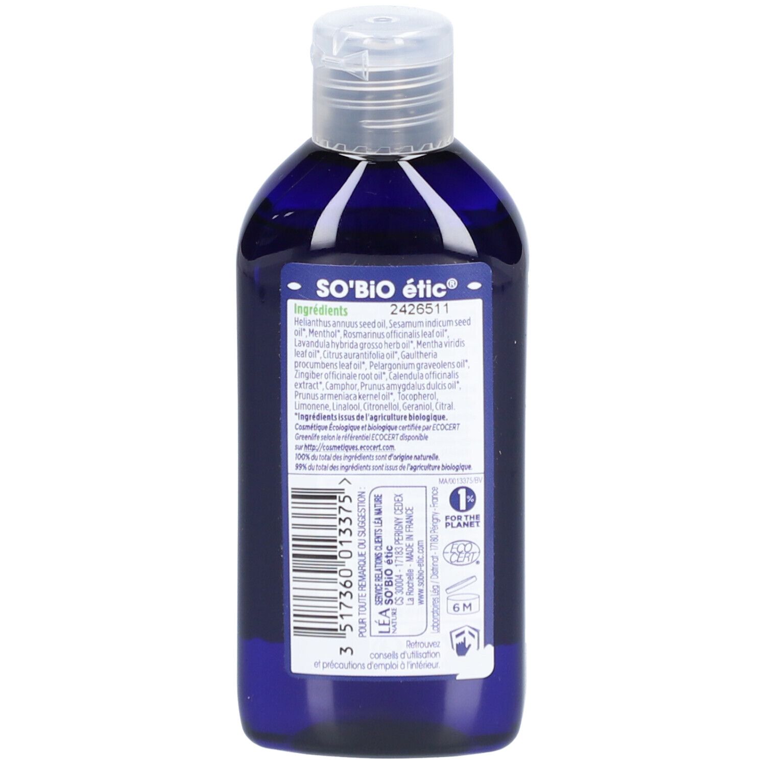 Achterkant van de blauwe fles. Opschrift: SO'BiO étic, ingrediënten, 2426511. Labels: For the planet, 6M.