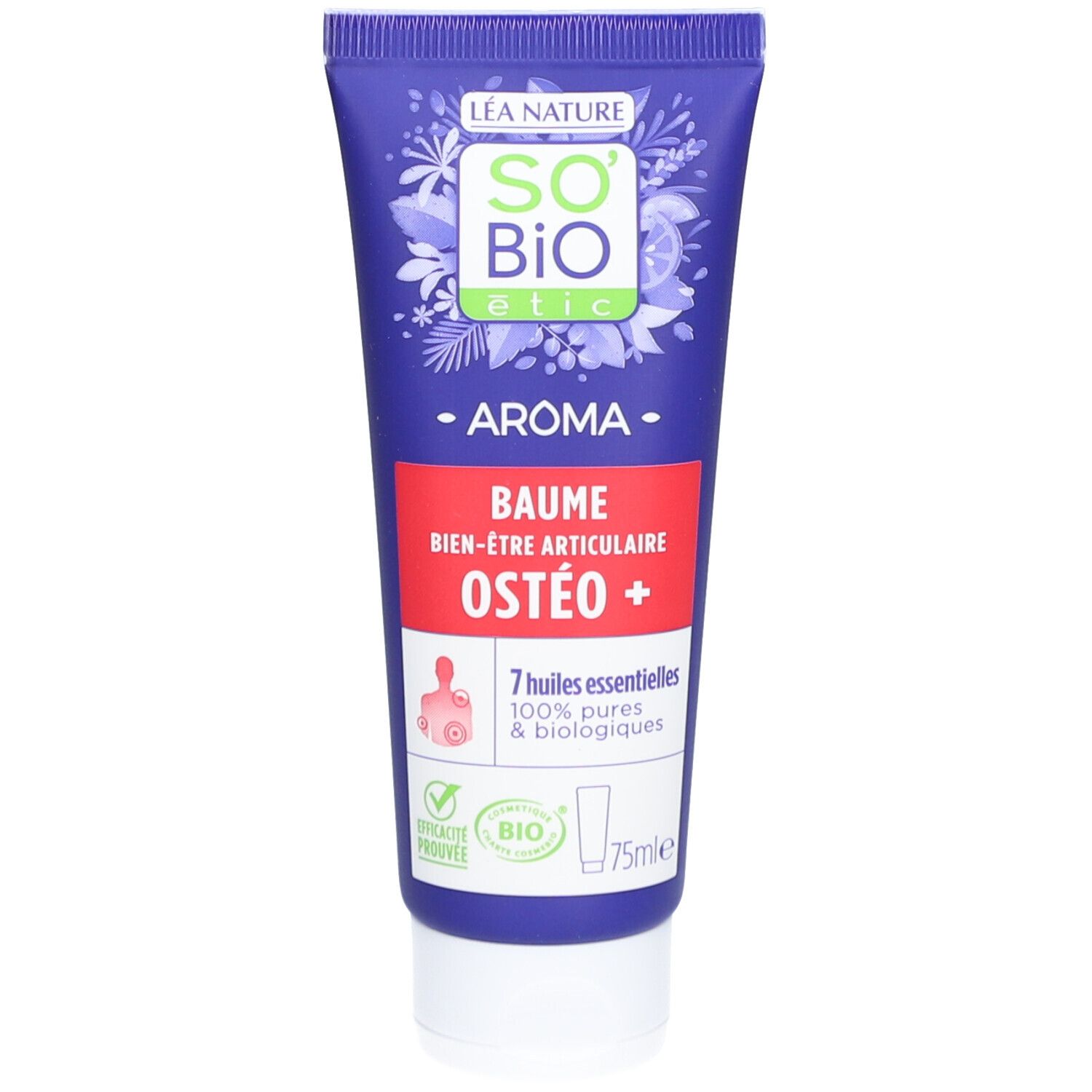 Blauwe tube met rode band. Opschrift: SO BIO etic, Baume Ostéo+. 7 essentiële oliën. Bio-certificering.
