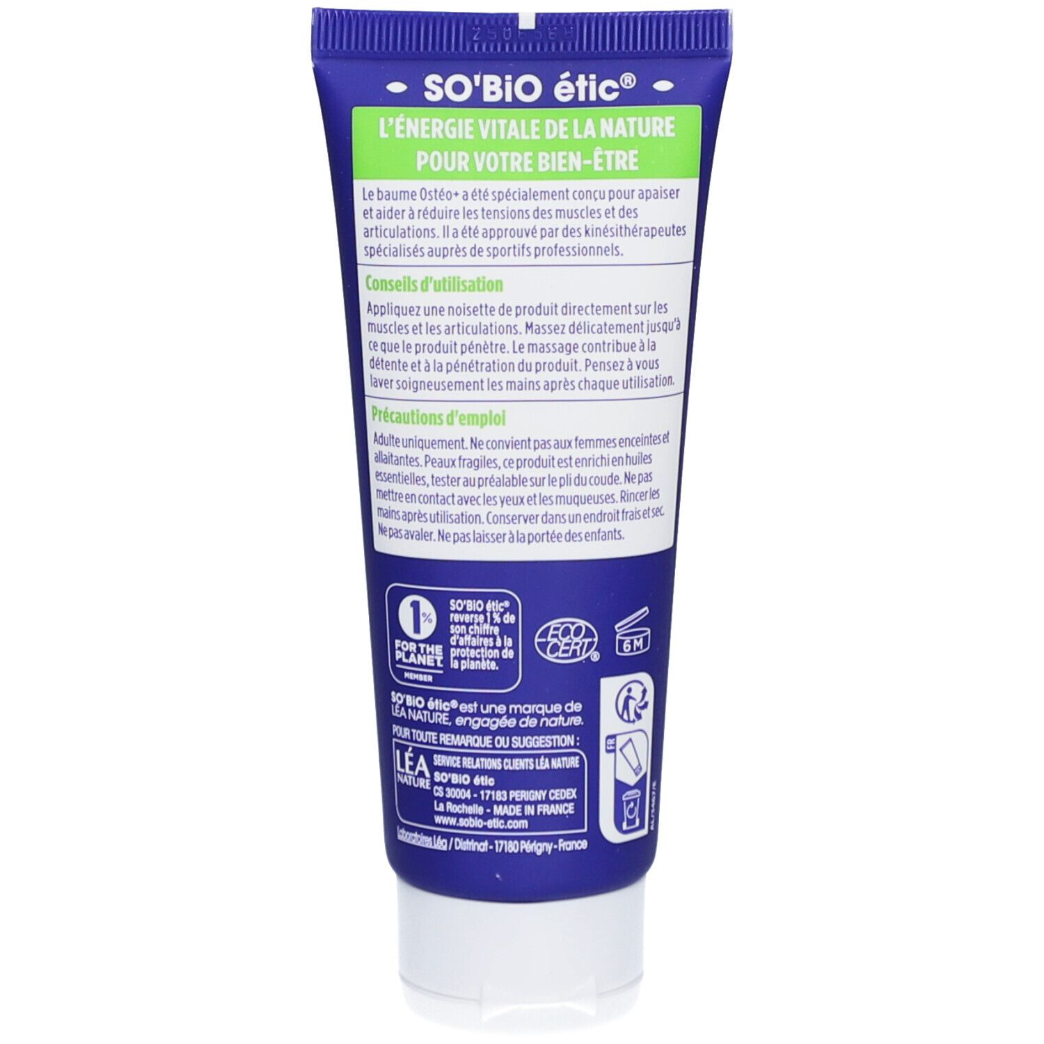 Achterkant van de blauwe tube. Tekst over gebruik en voorzorgsmaatregelen. Bio-certificering. 75ml.
