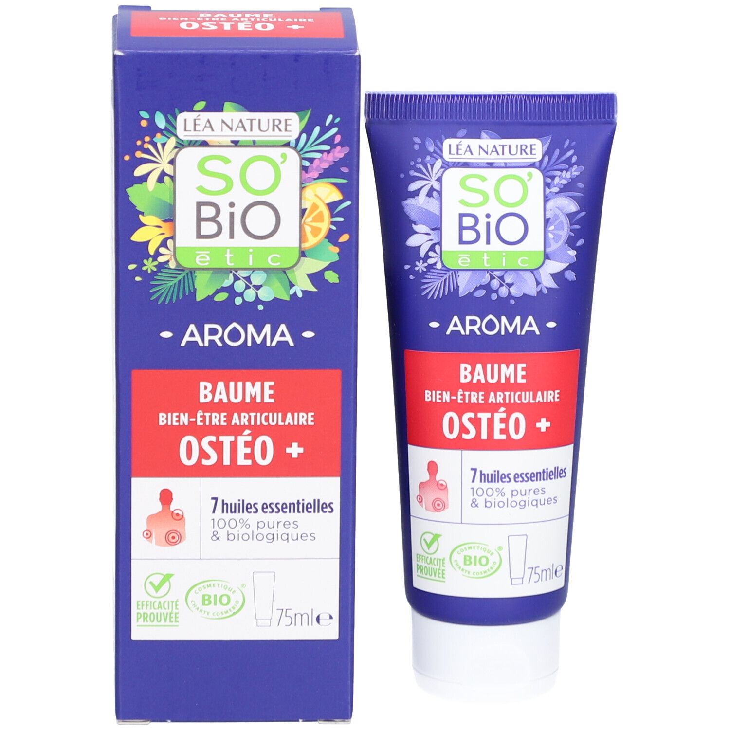 Productverpakking: tube en doos. Opschrift: SO BIO etic, Baume Ostéo+. 7 essentiële oliën. Bio-certificering.