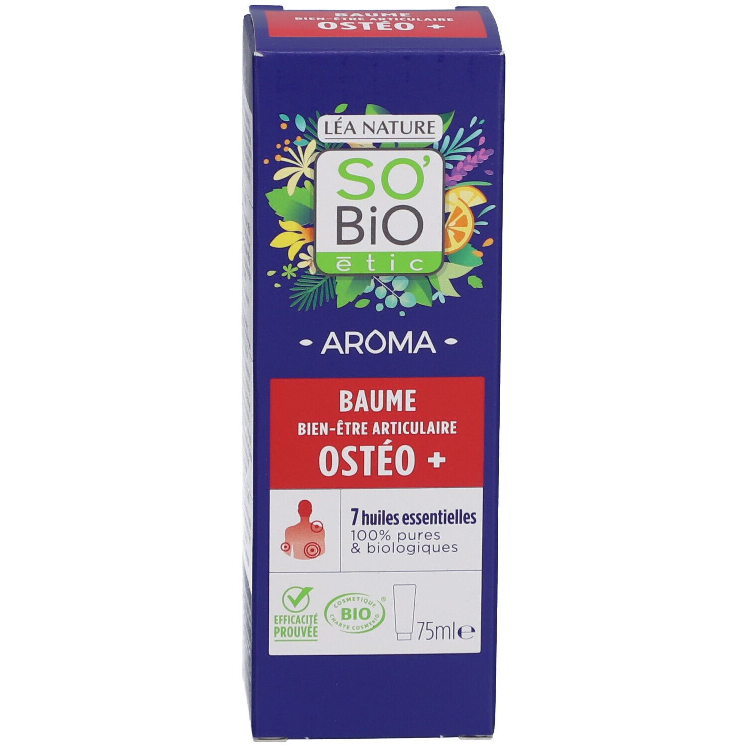 Blauwe doos met rode band. Opschrift: SO BIO etic, Baume Ostéo+. 7 essentiële oliën. Bio-certificering.