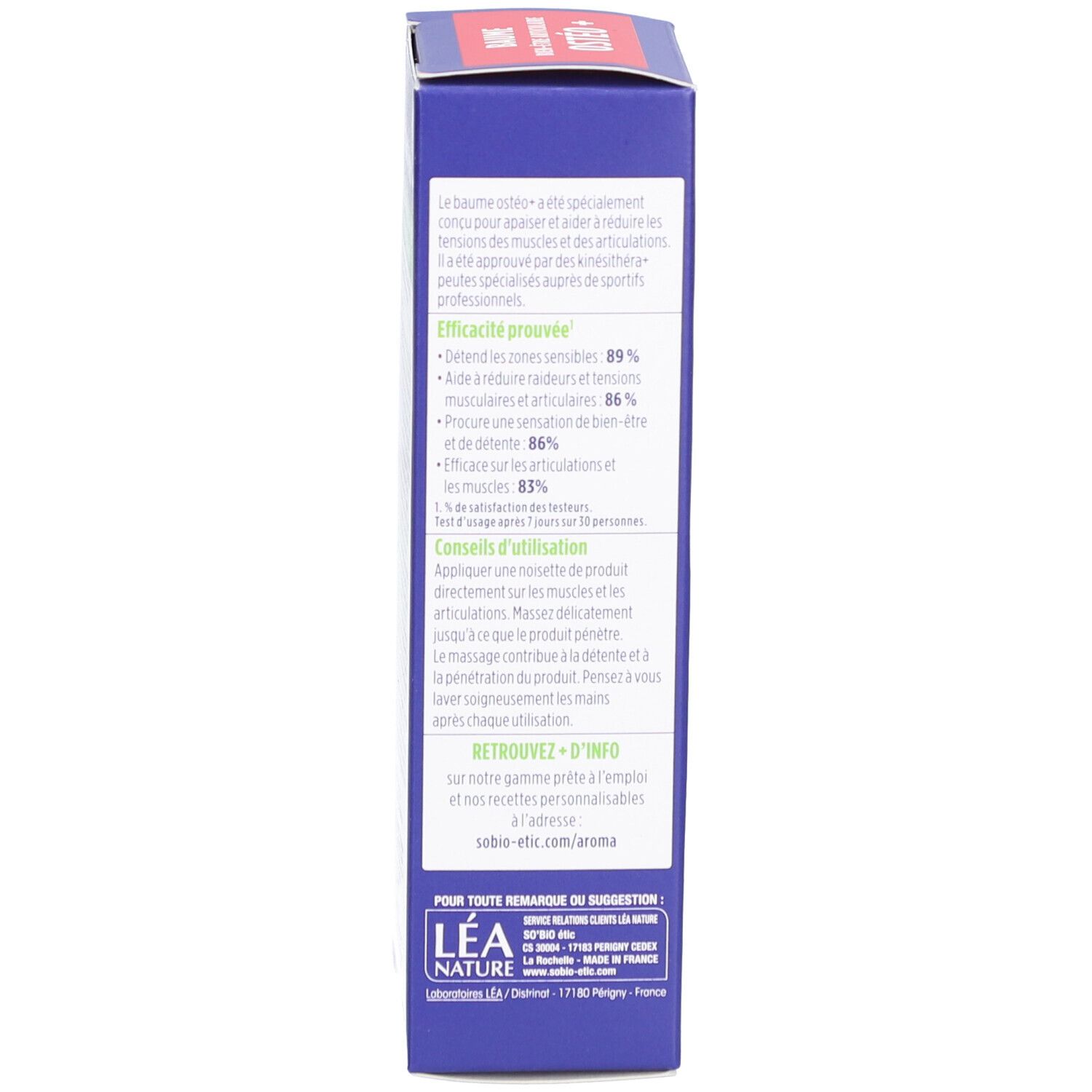 Achterkant van de blauwe doos. Tekst over gebruik en resultaten. Bio-certificering. 75ml.