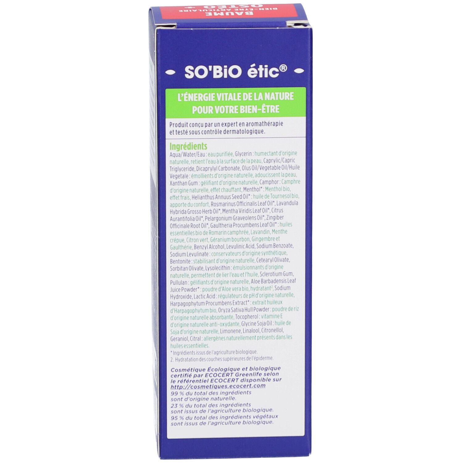 Zijkant van de blauwe doos. Ingrediëntenlijst. Eco-certificering. 23% van de ingrediënten is biologisch.