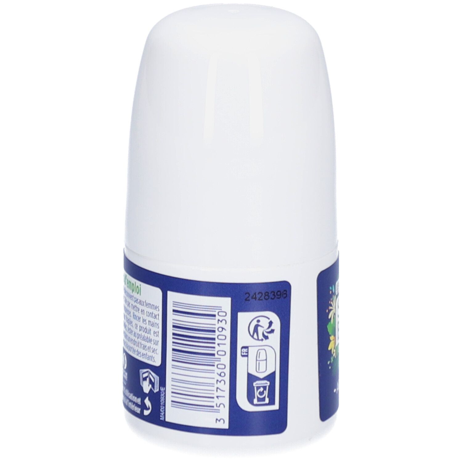 Dos d'un roll-on blanc avec étiquette bleue. Code-barres et pictogrammes.