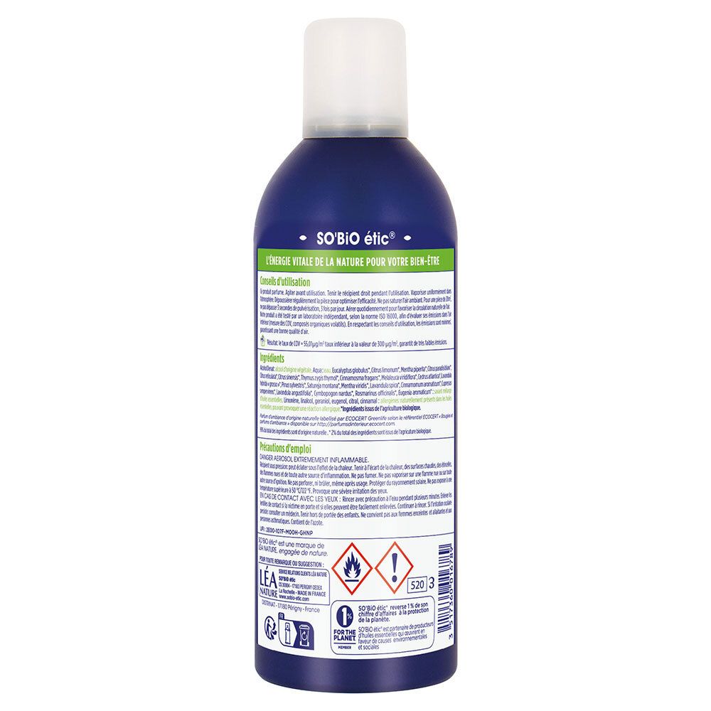 Dos du flacon spray bleu. Texte avec ingrédients et avertissements. Logo ECOCERT et symboles de danger.