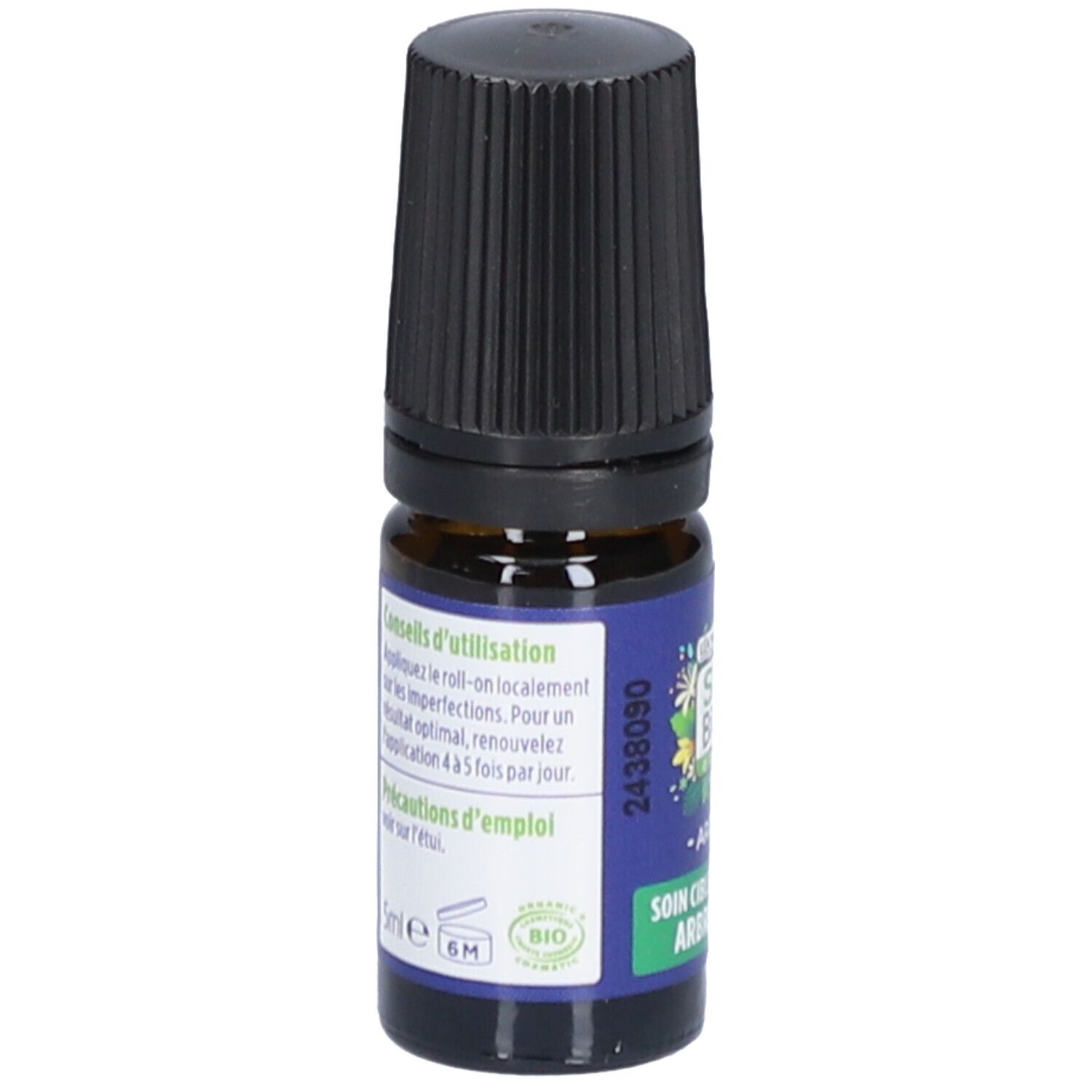 Bruine glazen fles met zwarte dop. Blauw etiket met tekst. Bio-certificering. Roll-on applicator.