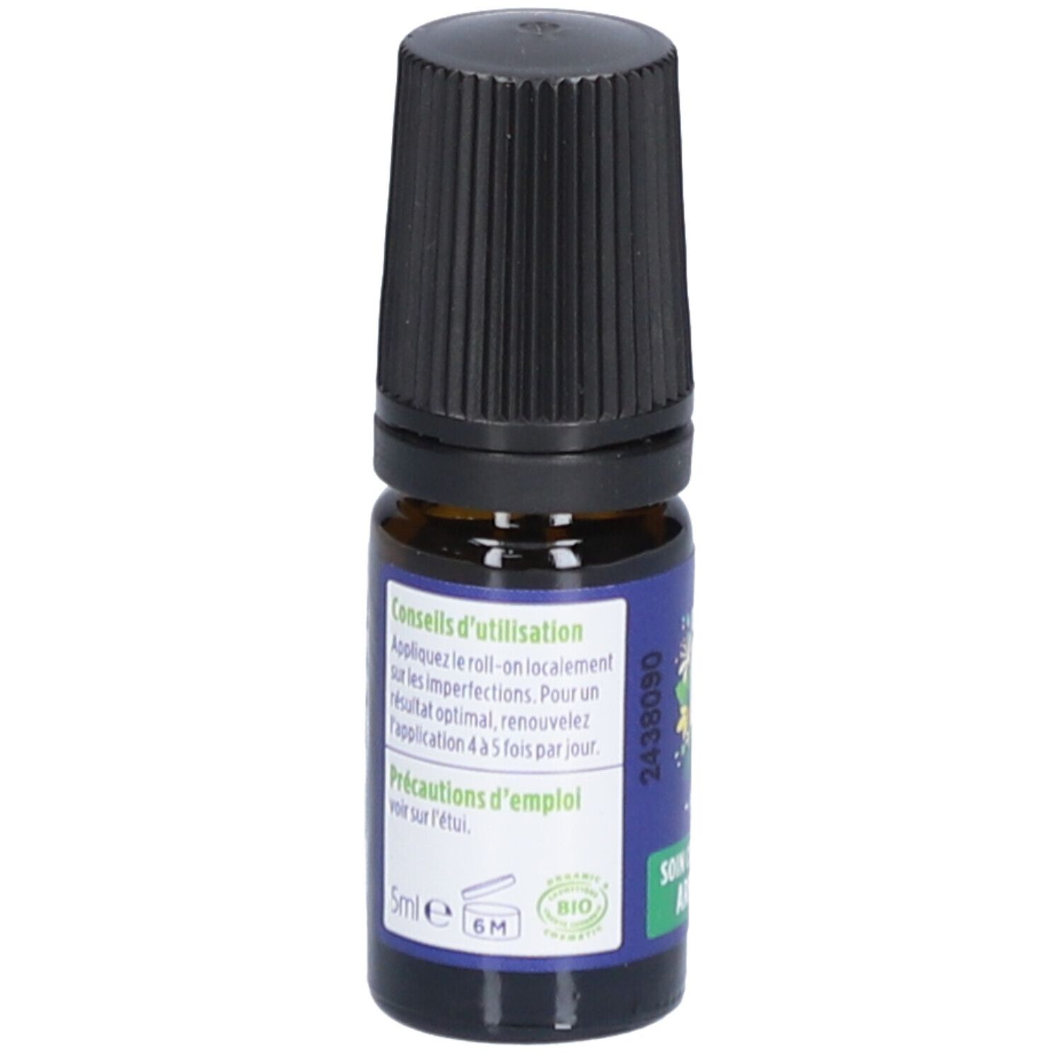 Bruine glazen fles met zwarte dop. Blauw etiket met tekst. 5ml. Bio-certificering. Roll-on.