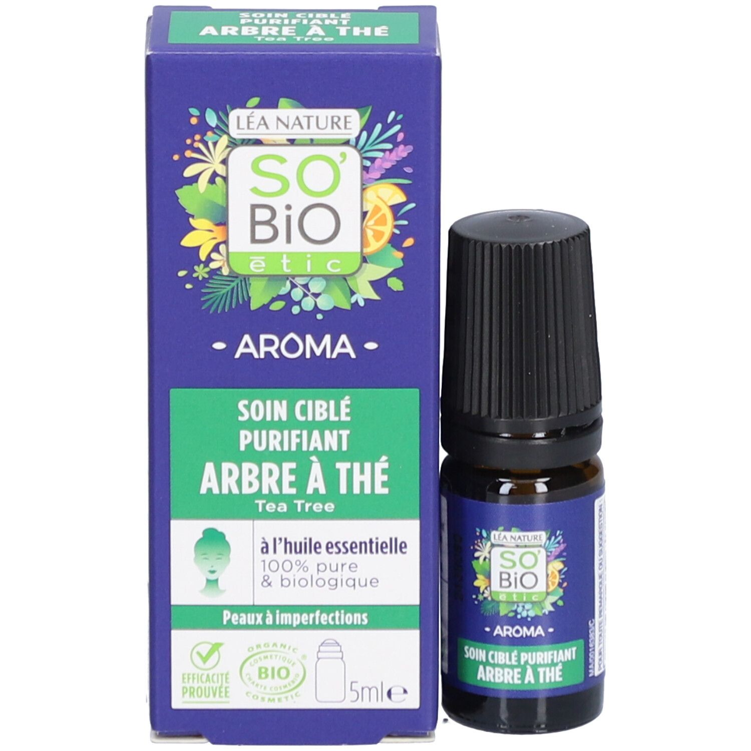 Product en verpakking. Fles en doos. Blauwe doos met tekst. 5ml. Bio-certificering.