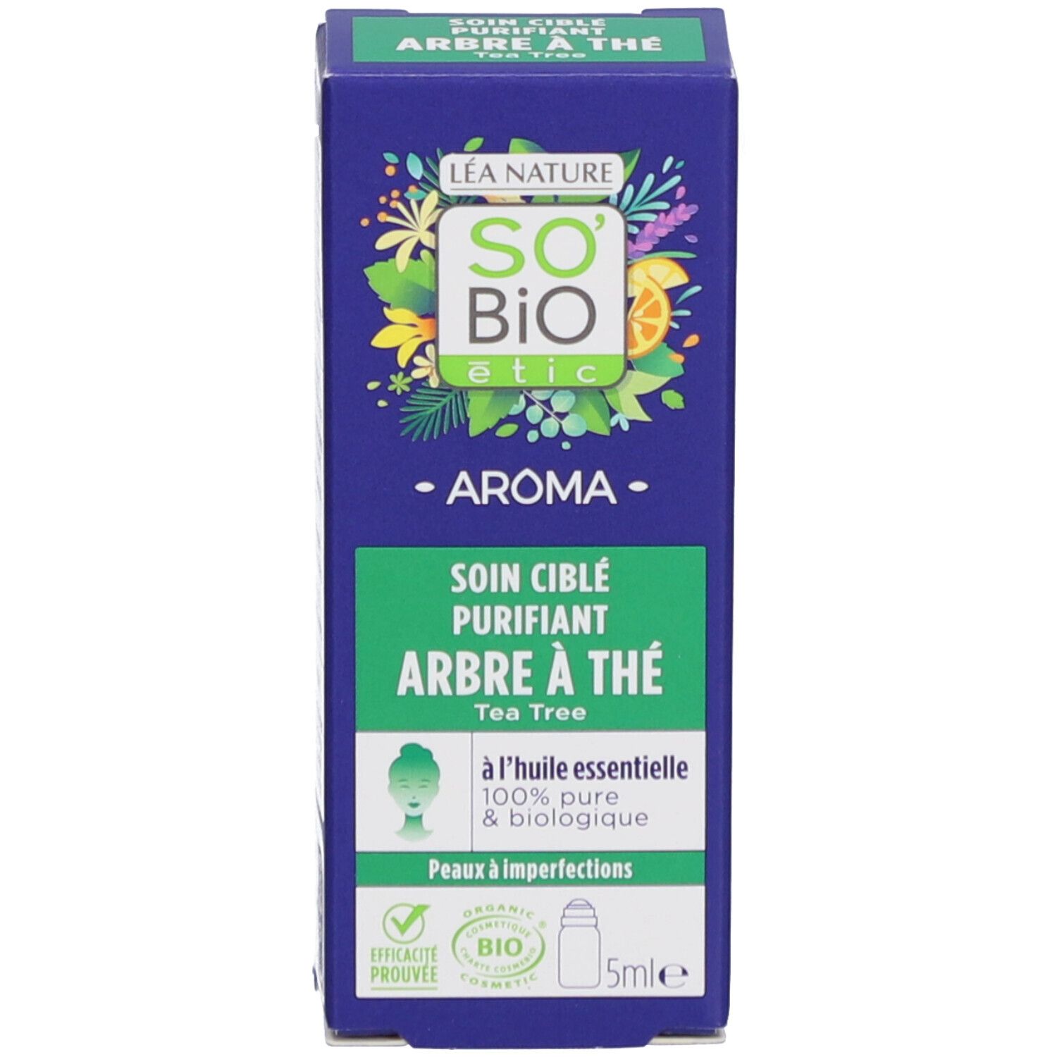 Blauwe doos met tekst. Productnaam. 5ml. Bio-certificering. Fles met zwarte dop.
