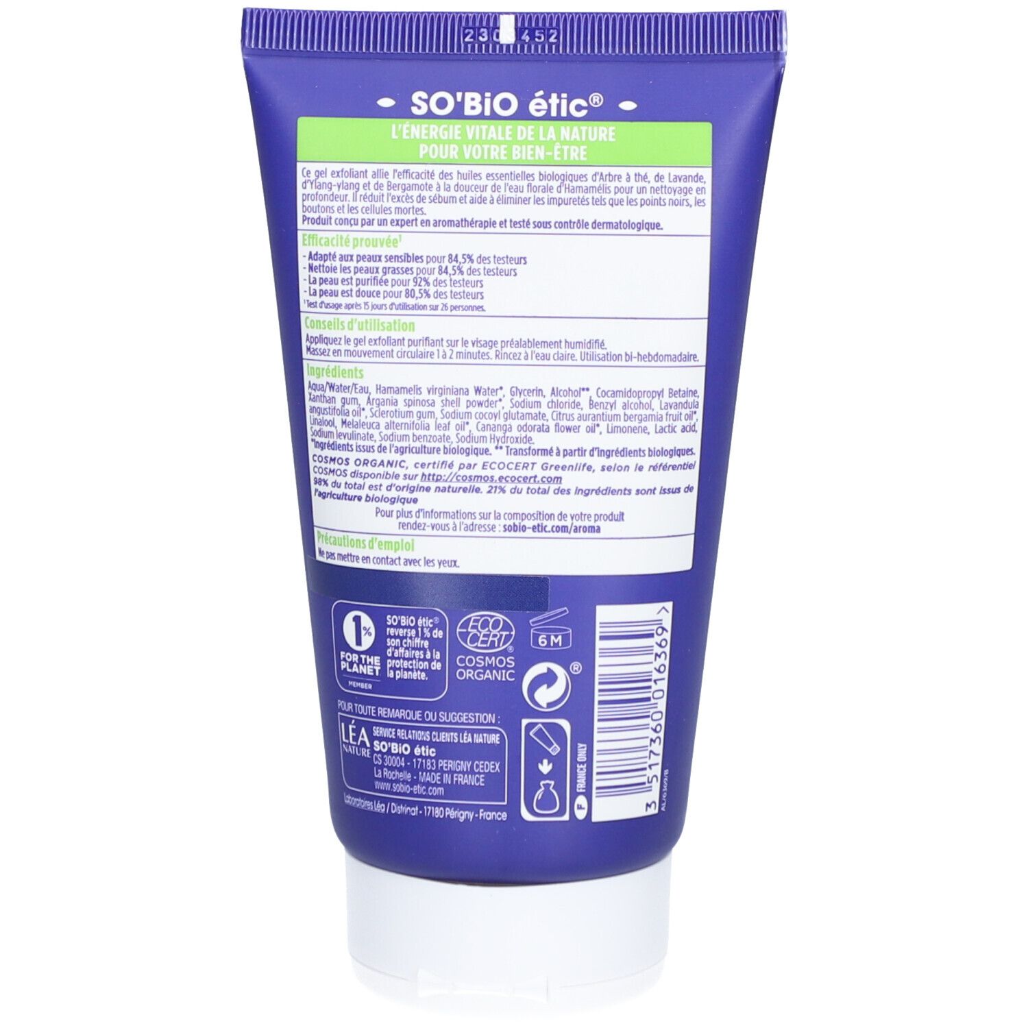 Achterkant van de blauwe tube SO BIO ETIC. Tekst en logo's. COSMOS ORGANIC certificering. 6M symbool.
