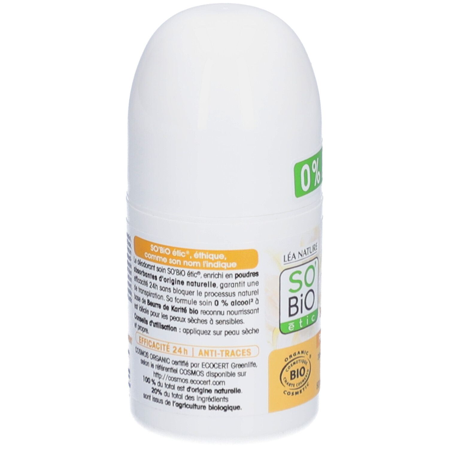 Achterkant witte roll-on deodorant. Tekst: SO BIO ETIC, Déo-Soin 24h, Nutrition+, Beurre de Karité bio. COSMOS ORGANIC certificering.
