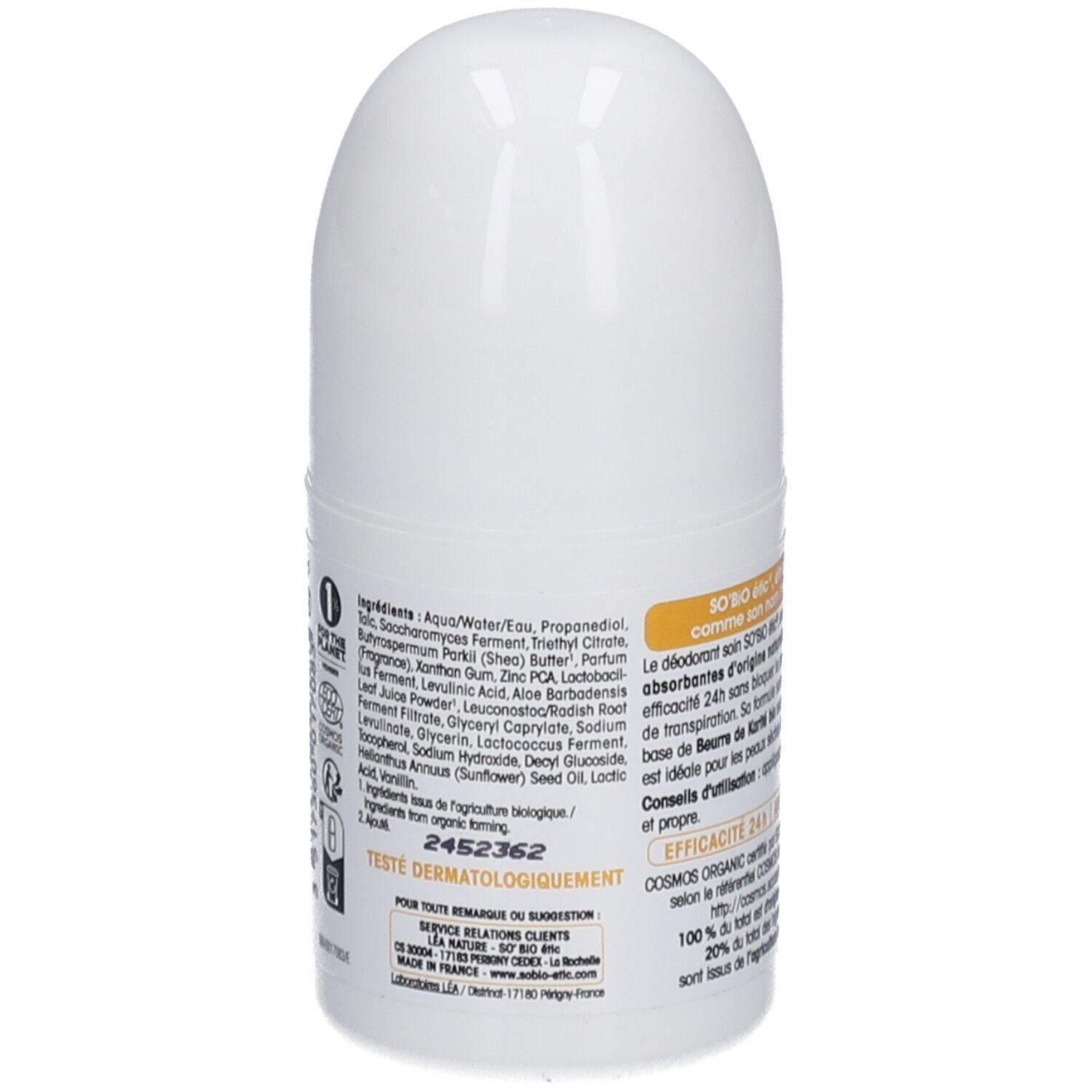 Achterkant witte roll-on deodorant. Ingrediëntenlijst en tekst: SO BIO ETIC, Déo-Soin 24h, Nutrition+, Beurre de Karité bio. COSMOS ORGANIC.