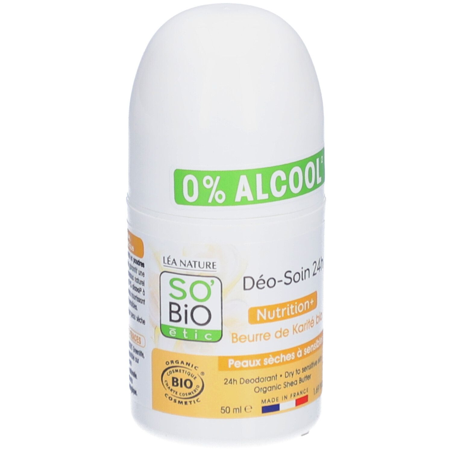 Witte roll-on deodorant. Groene tekst 0% ALCOOL. SO BIO ETIC, Déo-Soin 24h, Nutrition+, Beurre de Karité bio. COSMOS ORGANIC label.