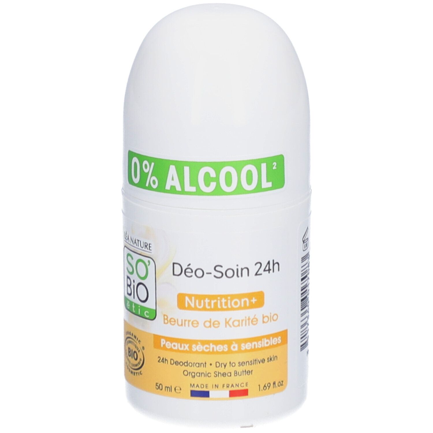 Witte roll-on deodorant. Groene tekst 0% ALCOOL. SO BIO ETIC, Déo-Soin 24h, Nutrition+, Beurre de Karité bio. 1.69 fl oz.