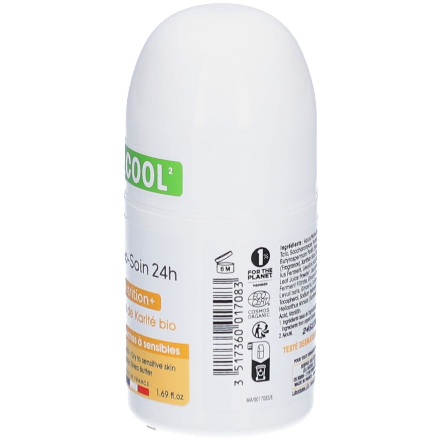 Achterkant witte roll-on deodorant. Tekst: SO BIO ETIC, Déo-Soin 24h, Nutrition+, Beurre de Karité bio. 1.69 fl oz. COSMOS ORGANIC.