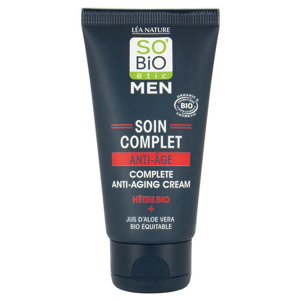 Donkerblauwe tube met crème. Tekst: SO'BiO étic MEN, Soin Complet Anti-Âge. Bio-certificering.