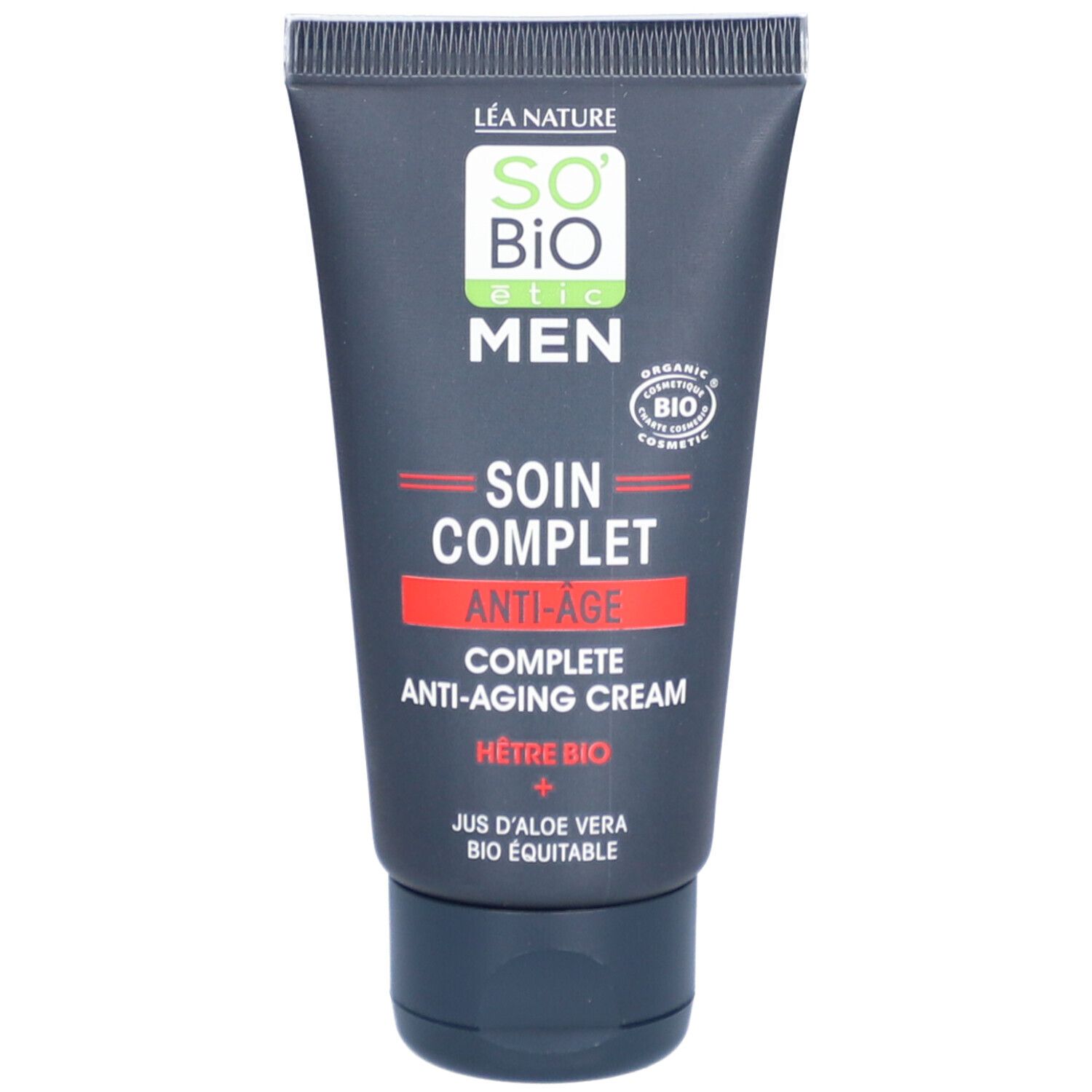 Donkergrijze tube met zwarte dop. Opschrift: SO'BiO étic MEN, Soin Complet Anti-Âge. Bio-certificering.