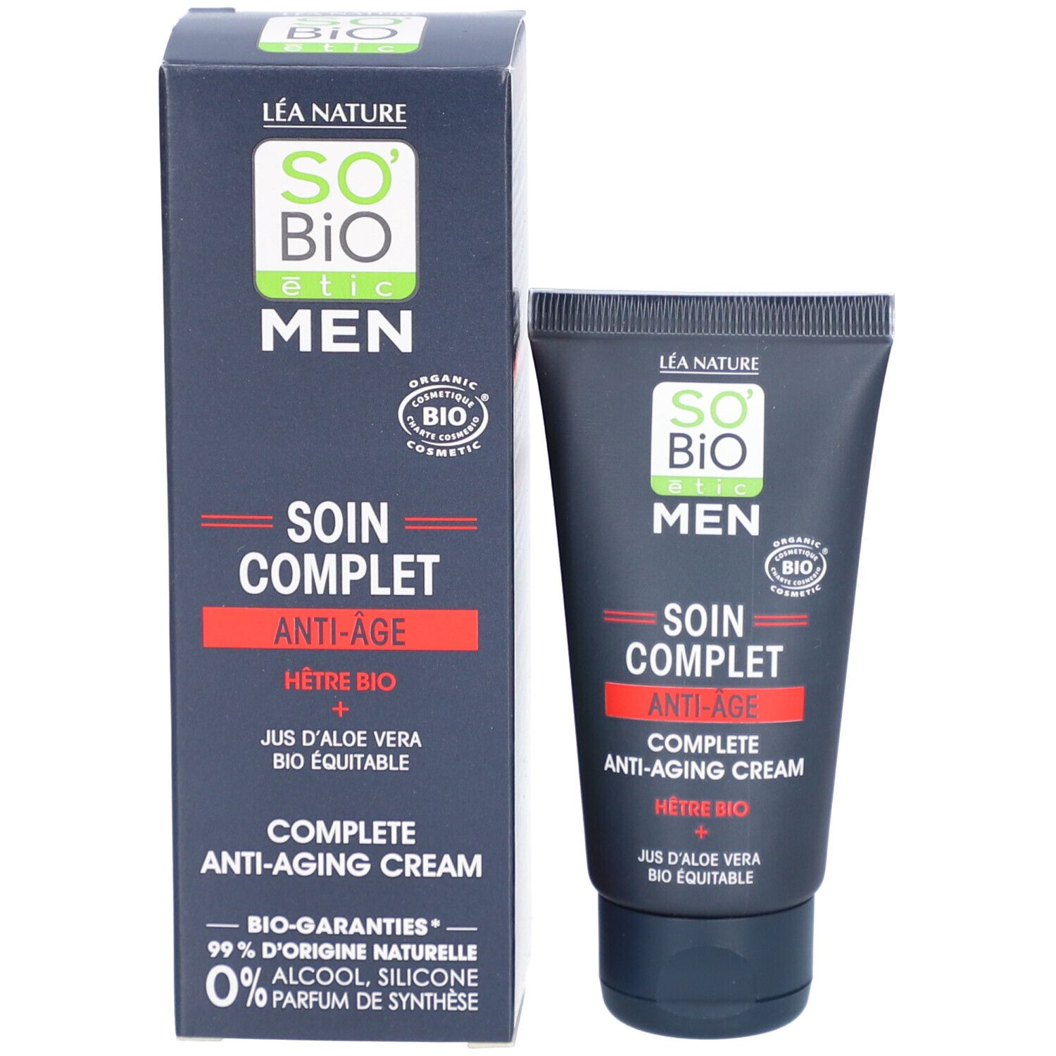 Productverpakking met tube en doos. Opschrift: SO'BiO étic MEN, Soin Complet Anti-Âge. Bio-certificering.