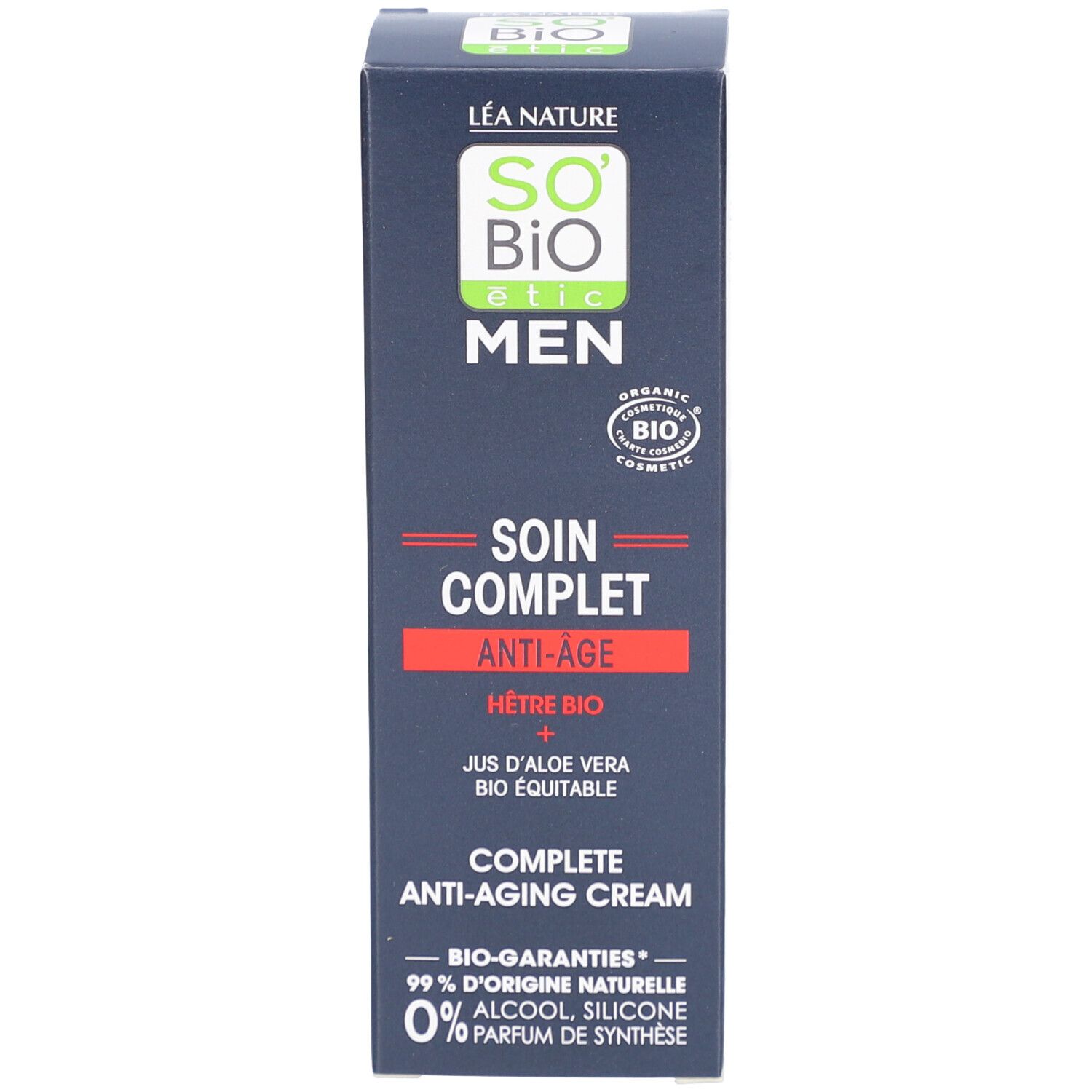 Productverpakking. Opschrift: SO'BiO étic MEN, Soin Complet Anti-Âge. Bio-certificering. 99% natuurlijke oorsprong.