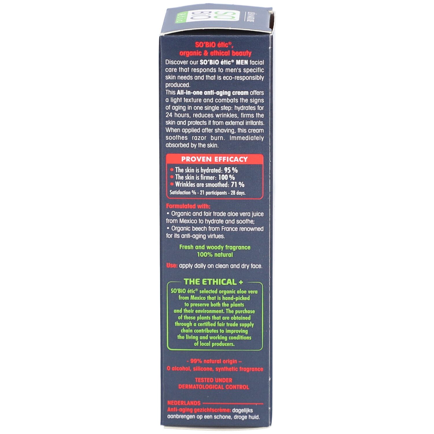 Zijkant van de doos. Beschrijft het product en de voordelen. Dermatologisch getest. 0% alcohol, siliconen, synthetische parfum.