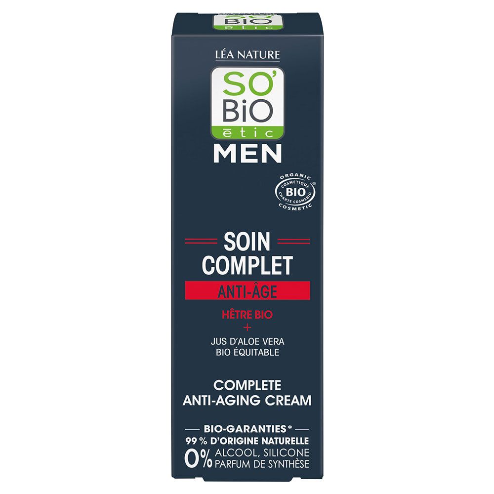 Donkerblauwe verpakking. Tekst: SO'BiO étic MEN, Soin Complet Anti-Âge. Bio-garanties, 0% alcohol.