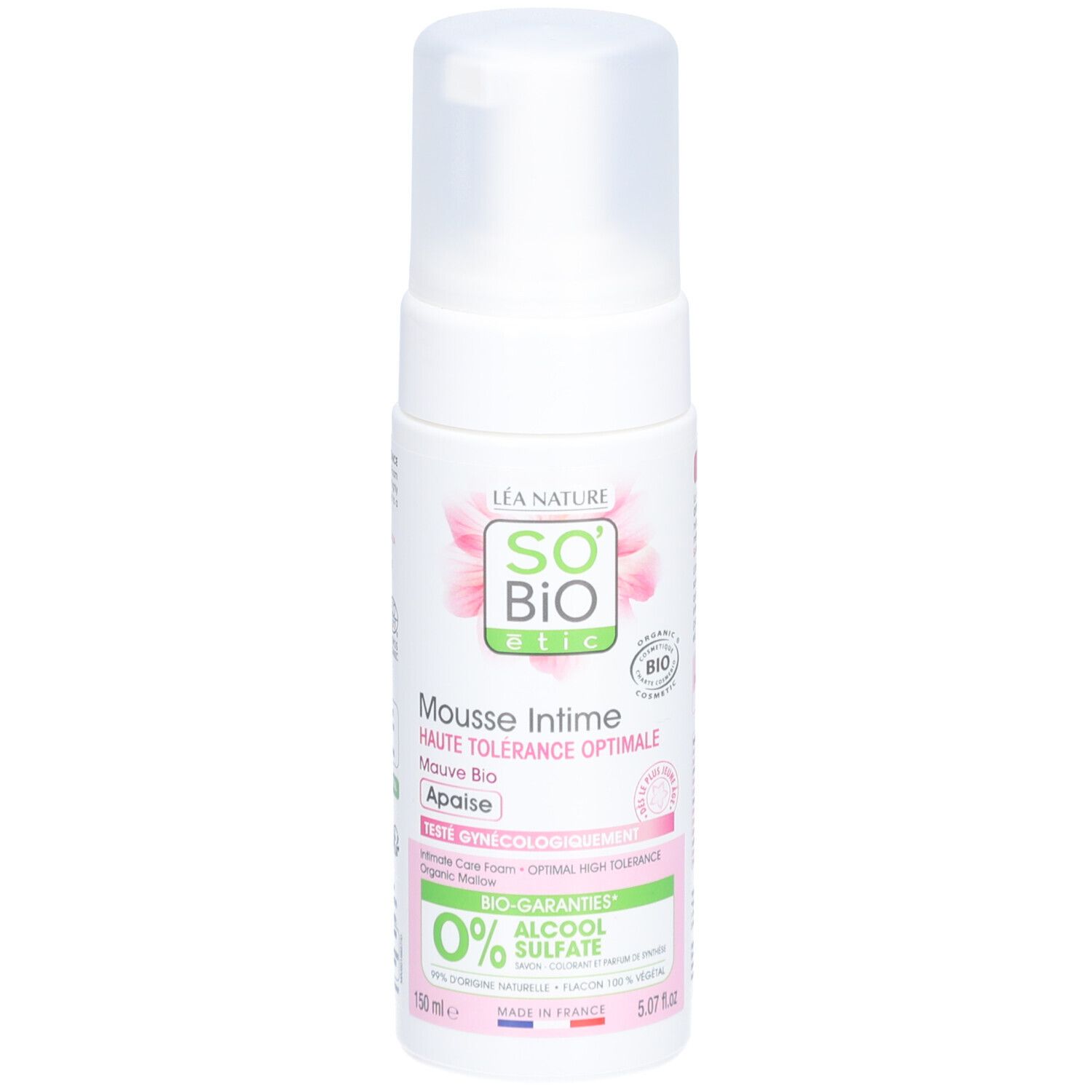 SO BIO ETIC Mousse Intime Mauve Bio. Flacon blanc avec pompe. Nom du produit et logo visibles. Certification bio.