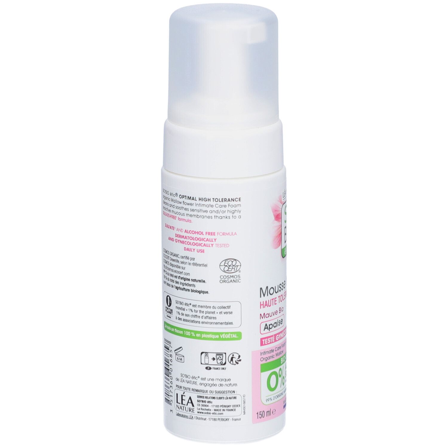 SO BIO ETIC Mousse Intime Mauve Bio. Dos du flacon. Texte et logos. Certification bio. Ingrédients et fabricant.