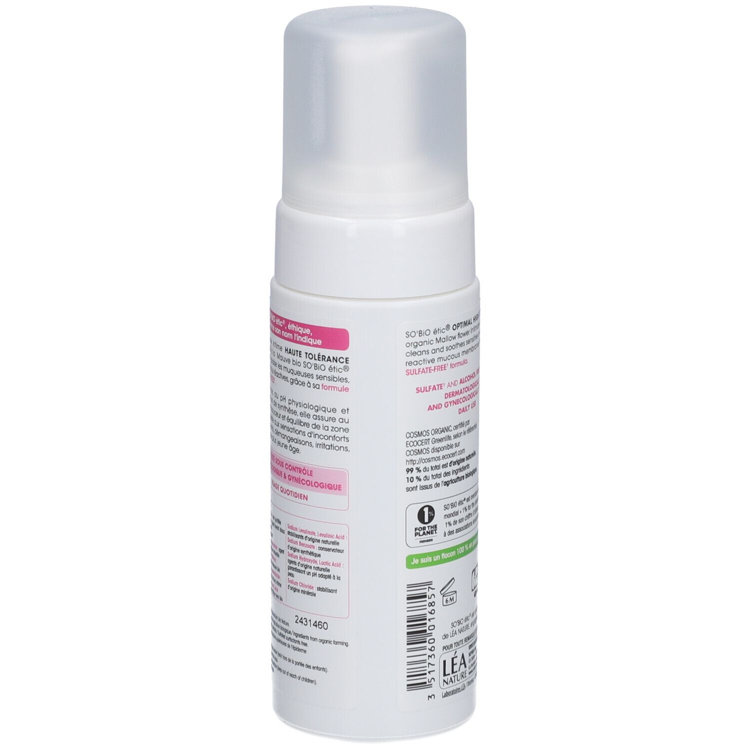 SO BIO ETIC Mousse Intime Mauve Bio. Dos du flacon. Texte et logos. Certification bio. Ingrédients et fabricant.