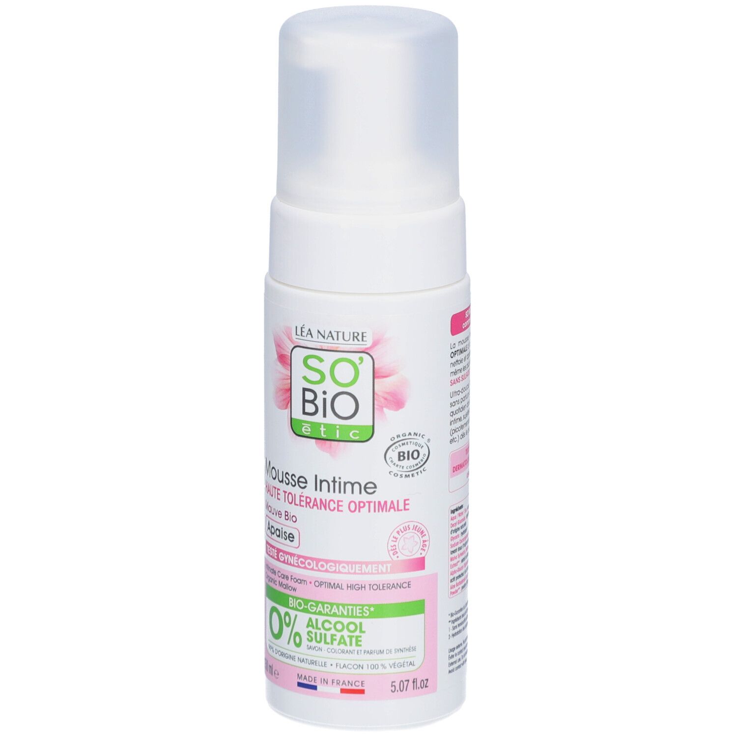 SO BIO ETIC Mousse Intime Mauve Bio. Flacon blanc avec pompe. Nom du produit et logo visibles. Certification bio.