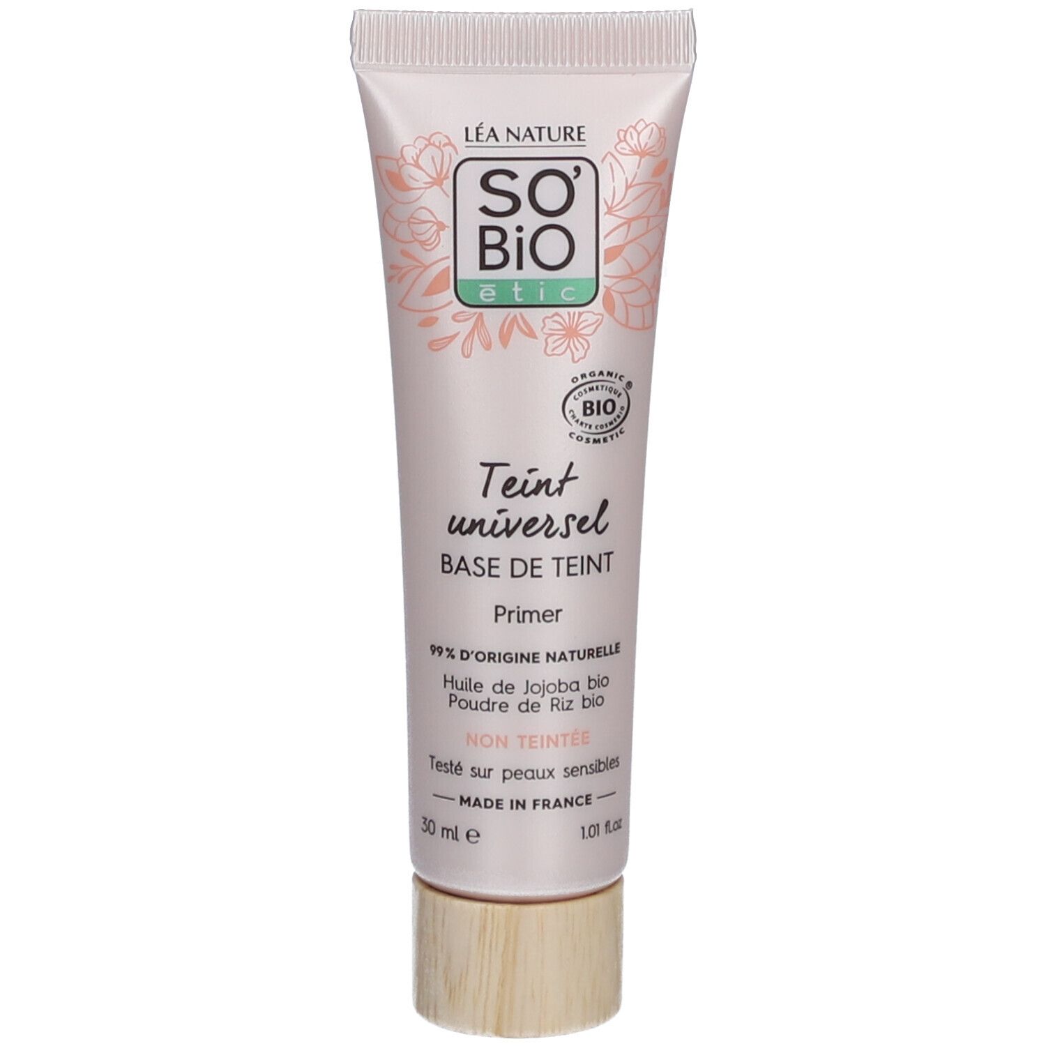 SO BIO ETIC Teint Universel Base de Teint. Tube met tekst, bloemenpatroon en productinfo.