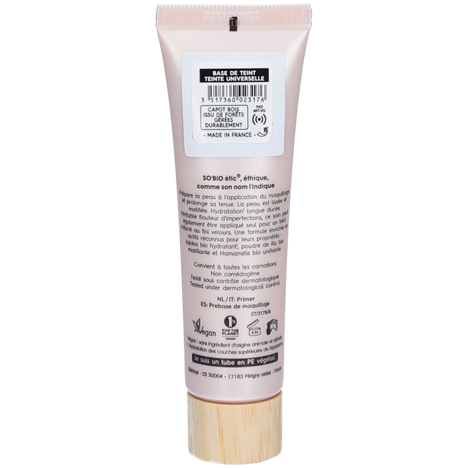 Achterkant van de SO BIO ETIC Base de Teint tube. Tekst, barcode en productinformatie.