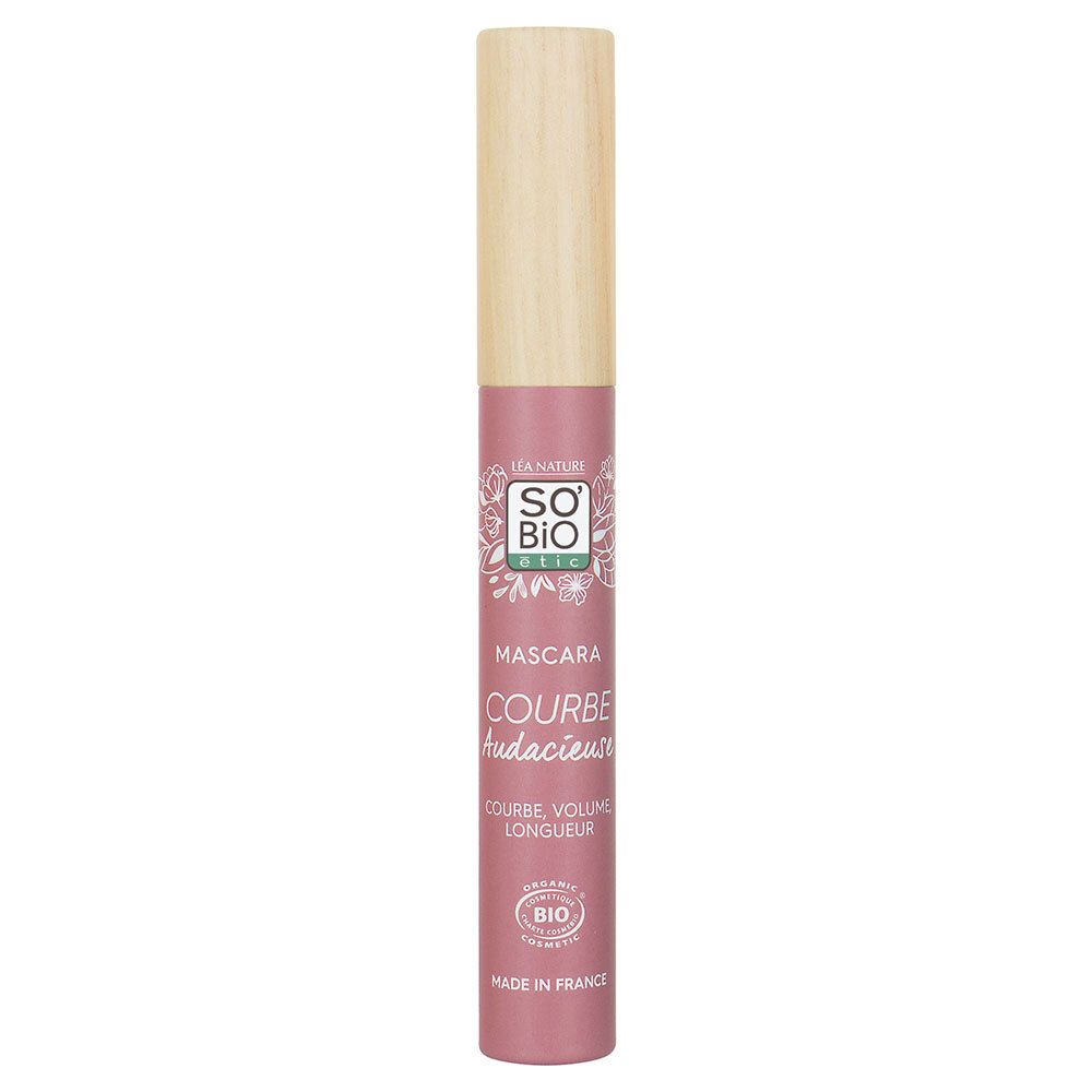 Tube de mascara rose avec bouchon en bois clair. Inscription: SO'BiO étic, Mascara Courbe Audacieuse Bio.
