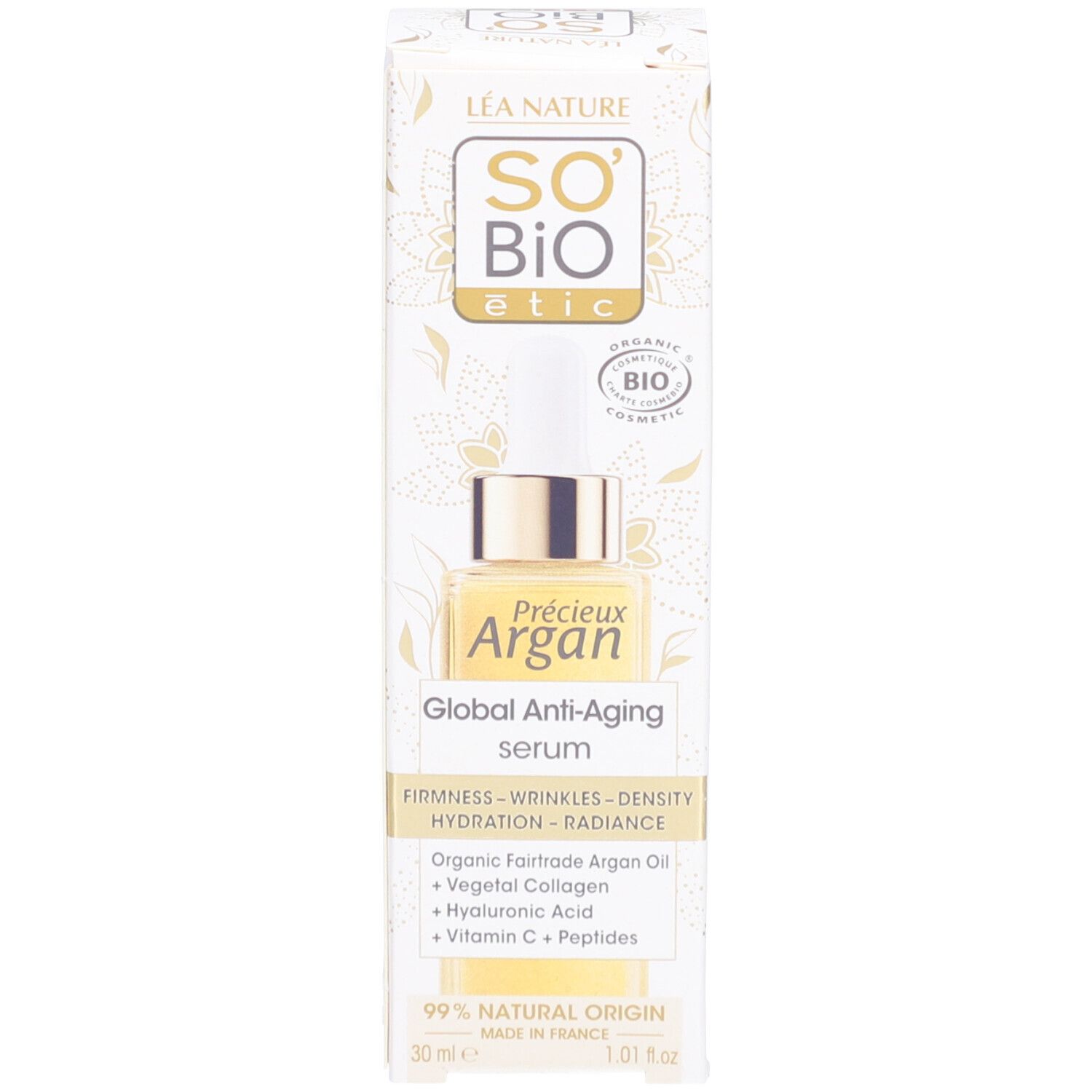 Productverpakking. Opschrift: SO BIO ETIC, Précieux Argan, Global Anti-Aging serum. 99% natuurlijke ingrediënten.