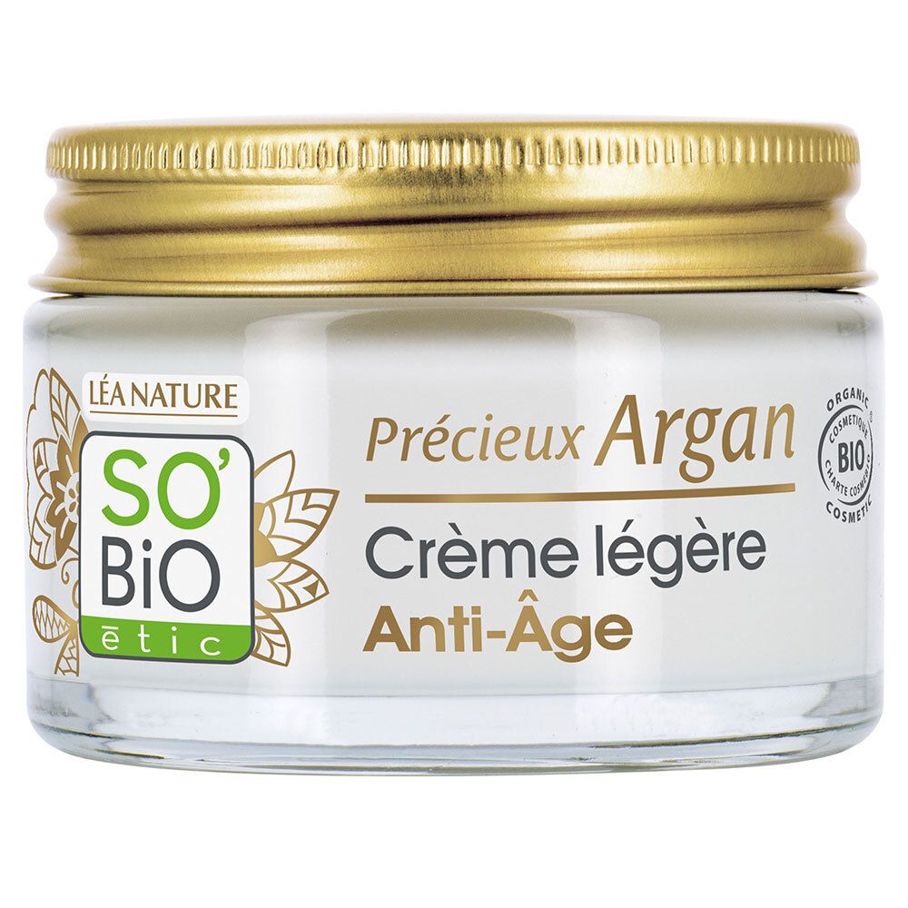 Crèmepot met gouden deksel. Opschrift: SO'BiO étic, Précieux Argan Crème légère Anti-Âge. Bio-certificering.