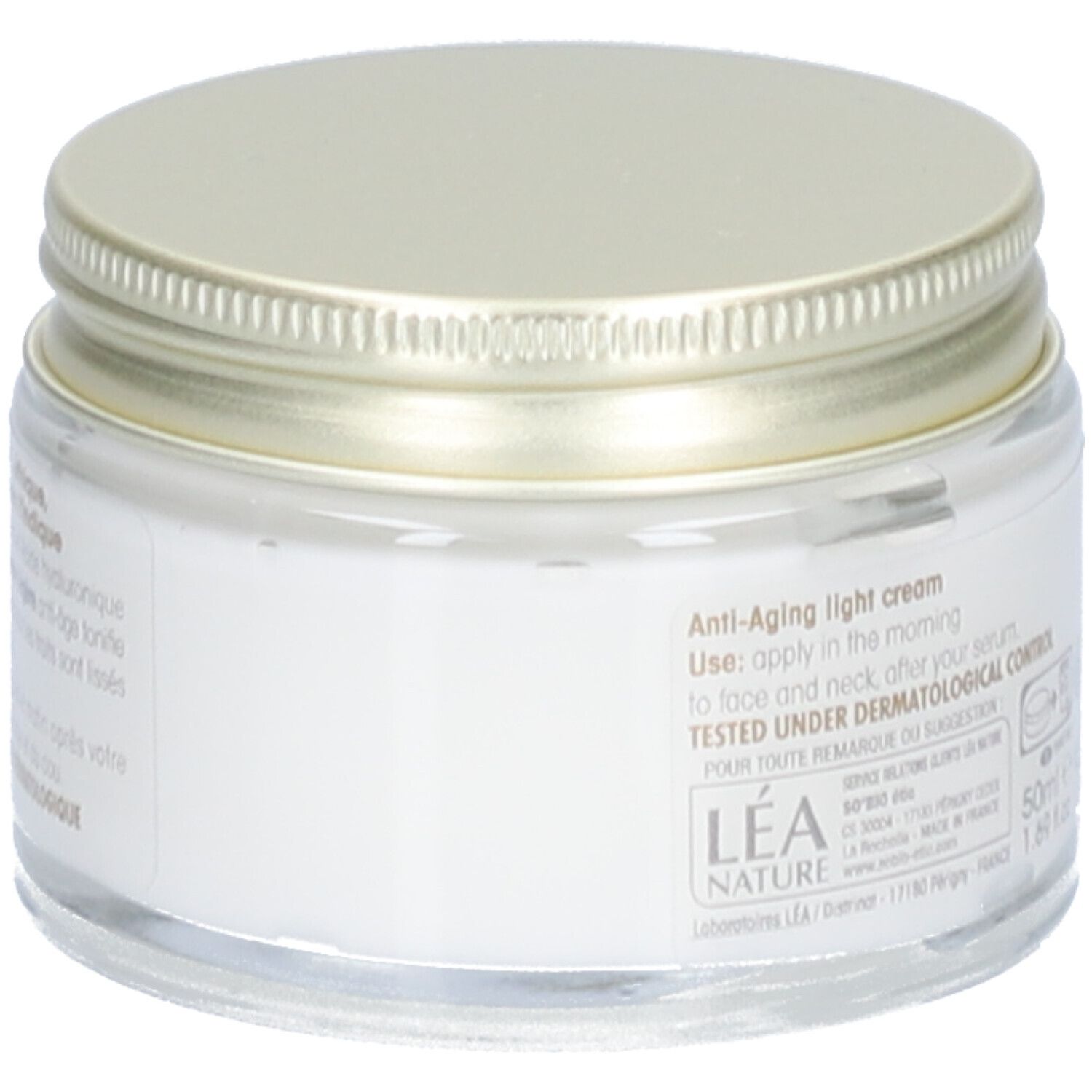 Crèmepot met gouden deksel. Opschrift: Anti-Aging light cream. Getest onder dermatologische controle.