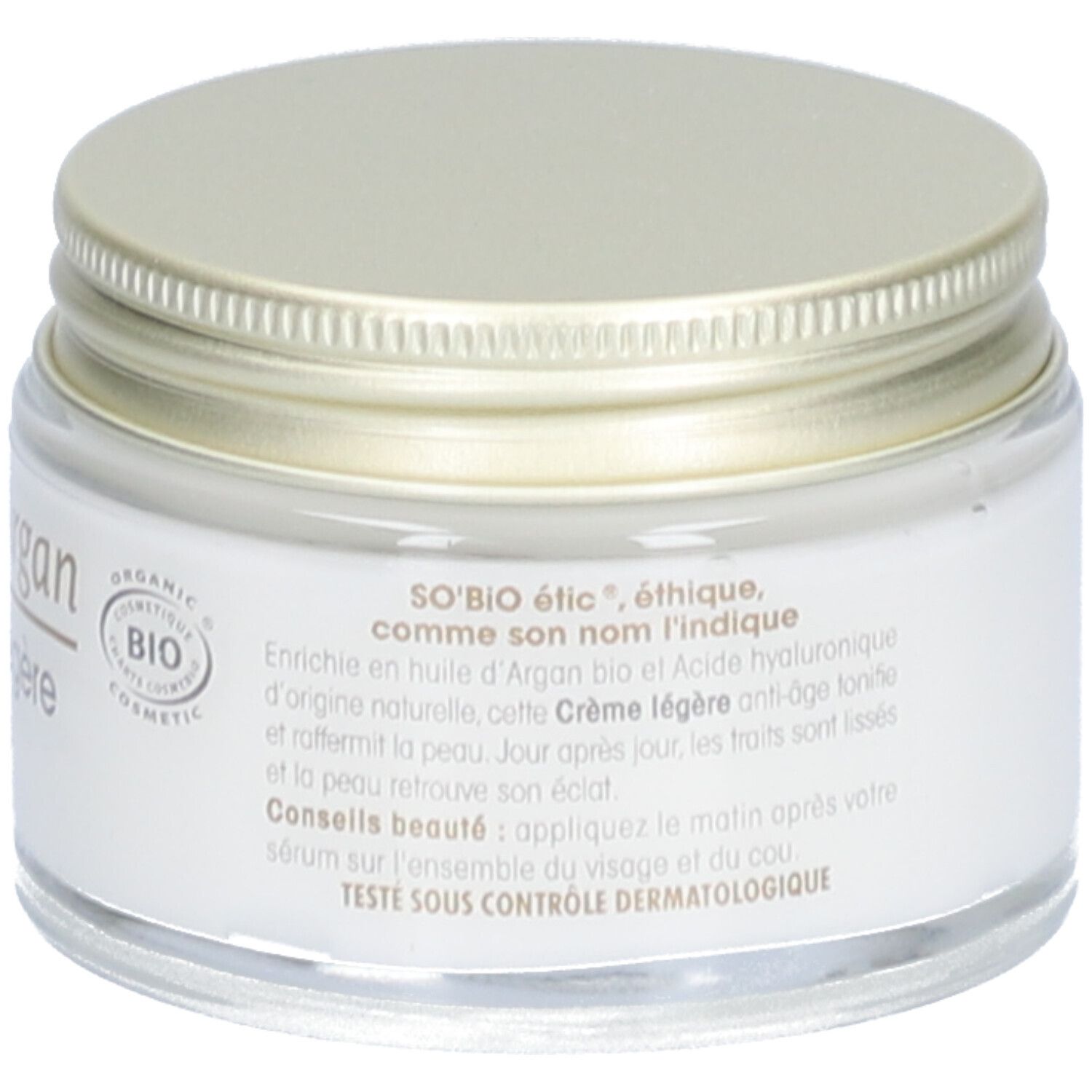 Crèmepot met gouden deksel. Opschrift: SO'BiO étic, Précieux Argan Crème Légère Anti-Âge. Bio-certificering.