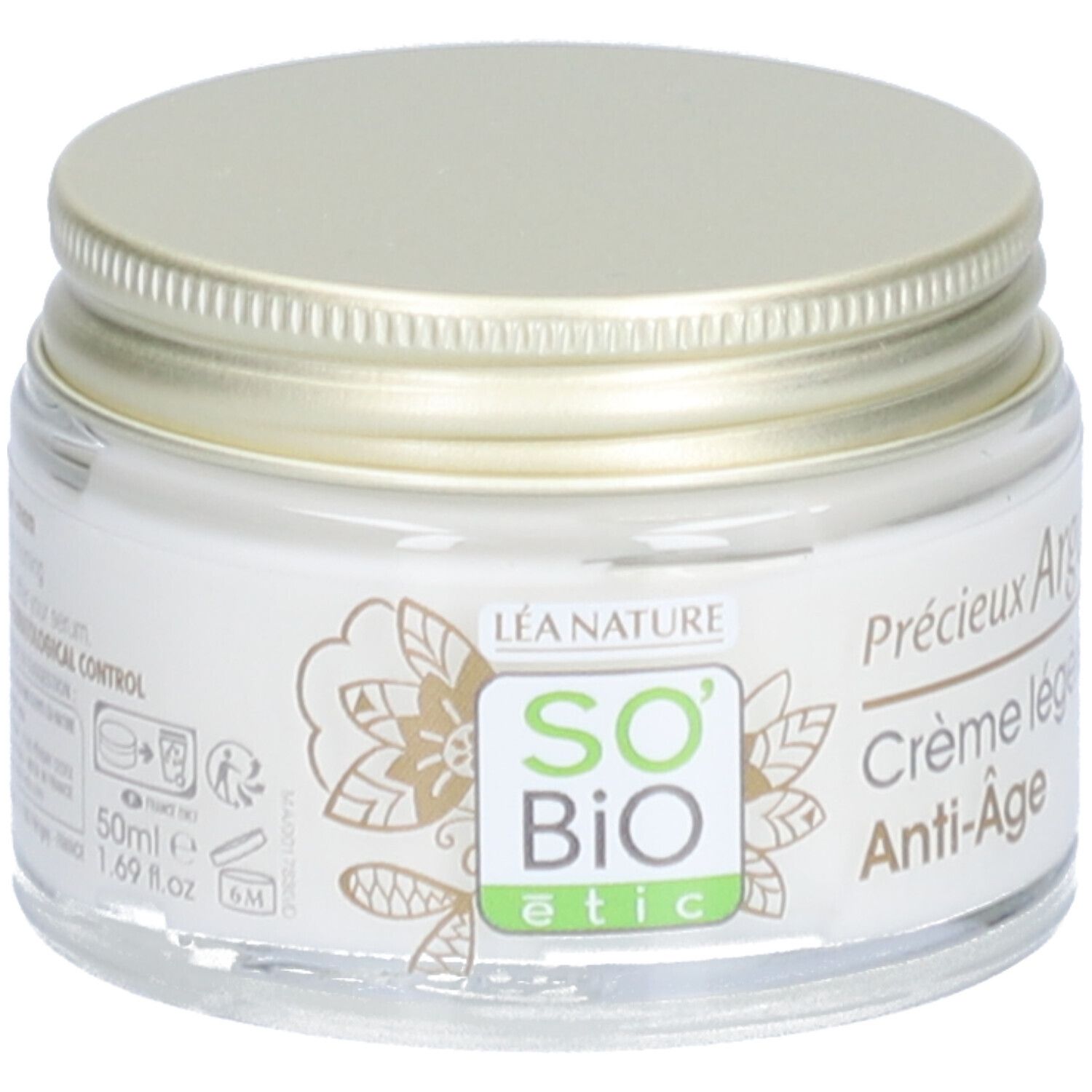 Crèmepot met gouden deksel. Opschrift: SO'BiO étic, Précieux Argan Crème Légère Anti-Âge. 50ml.