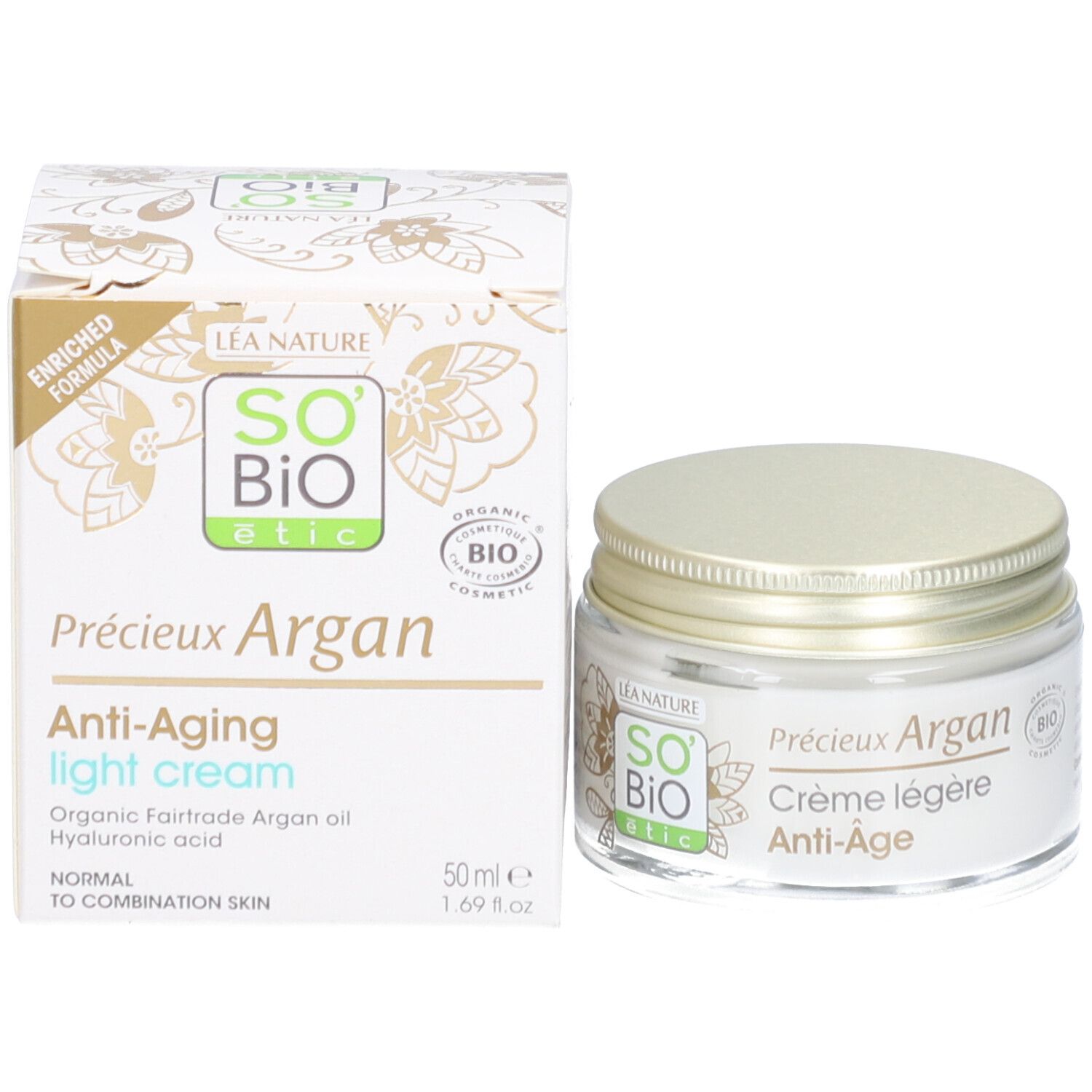 Crèmepot en doos. Opschrift: Précieux Argan Anti-Aging light cream. 50ml. Bio-certificering.