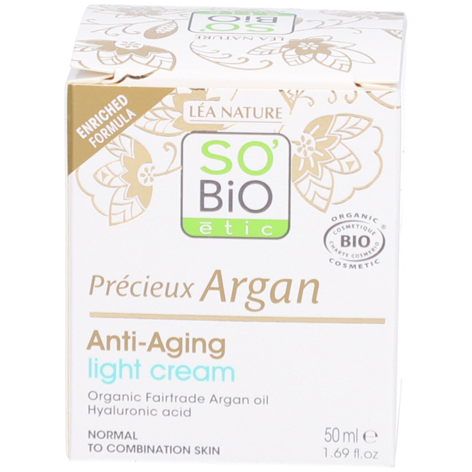 Kartonnen doos. Opschrift: Précieux Argan Anti-Aging light cream. 50ml. Voor normale tot gemengde huid.