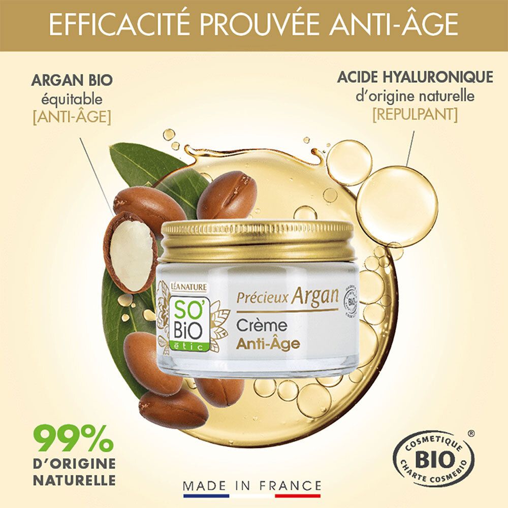 Crèmepot met argan noten en olie. Opschrift: SO'BiO étic, Précieux Argan Crème Anti-Âge. 99% natuurlijke oorsprong.