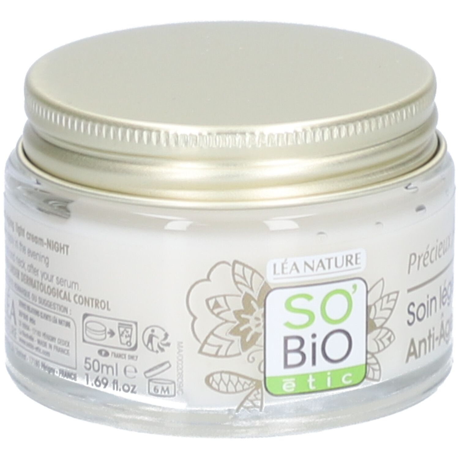 Pot de crème avec couvercle doré. Inscription: SO BIO etic, Précieux Argan, Soin léger Nuit Anti-Âge. 50ml.