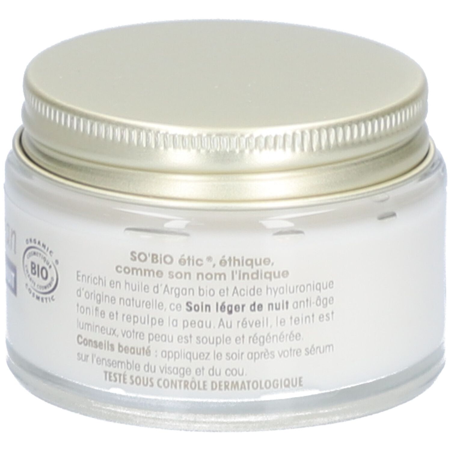Pot de crème avec couvercle doré. Inscription: SO BIO etic, Précieux Argan, Soin léger Nuit Anti-Âge. Cosmétique bio.